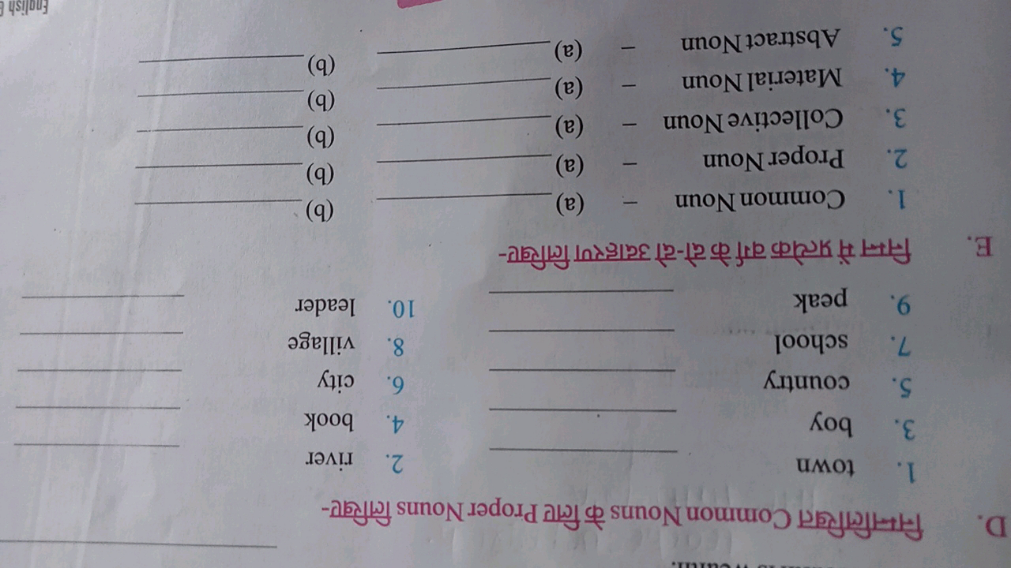 D. निम्नलिखित Common Nouns के लिए Proper Nouns लिखिए-
1. town
3. boy
5