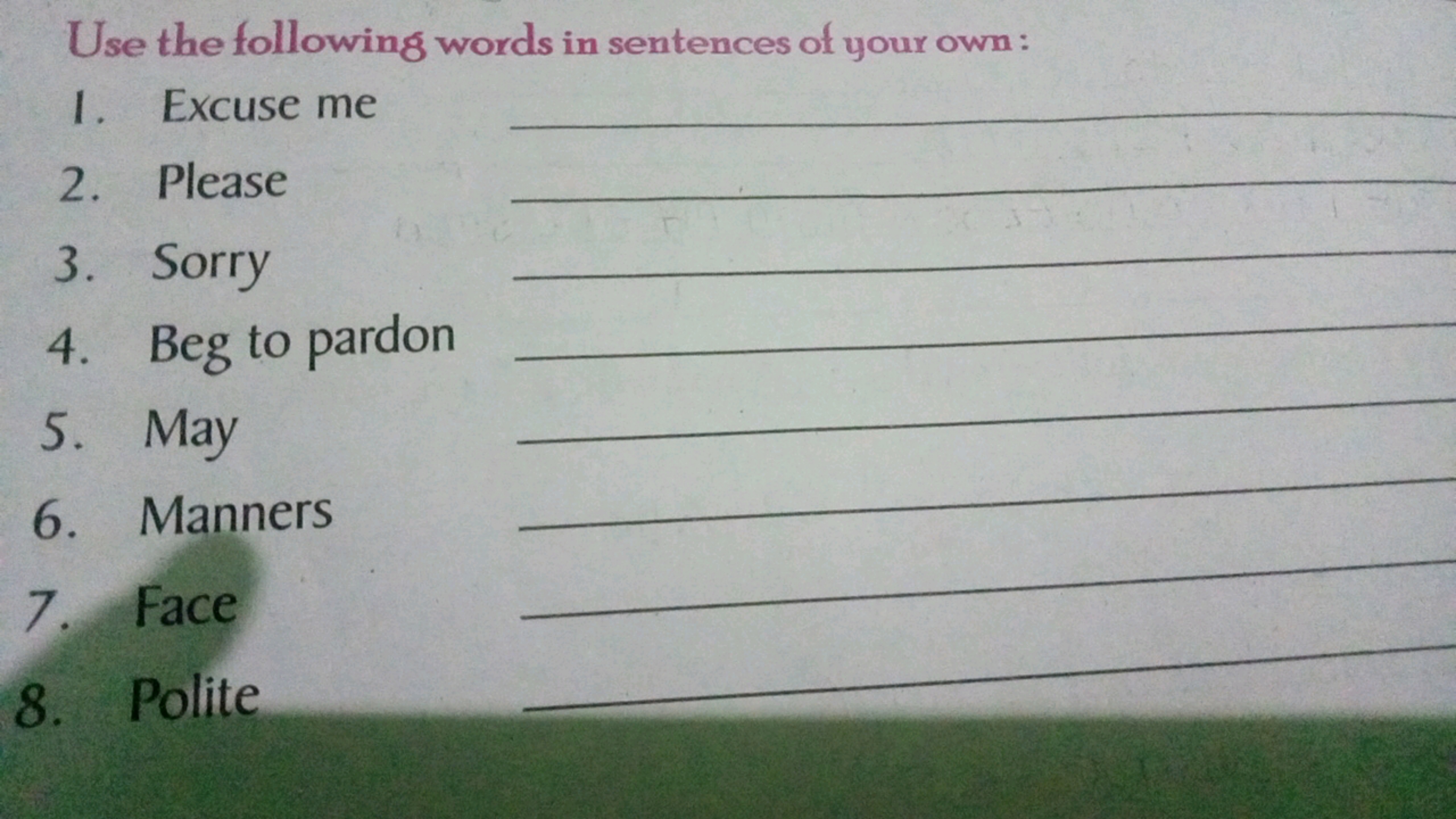 Use the following words in sentences of your own:
1. Excuse me
2. Plea