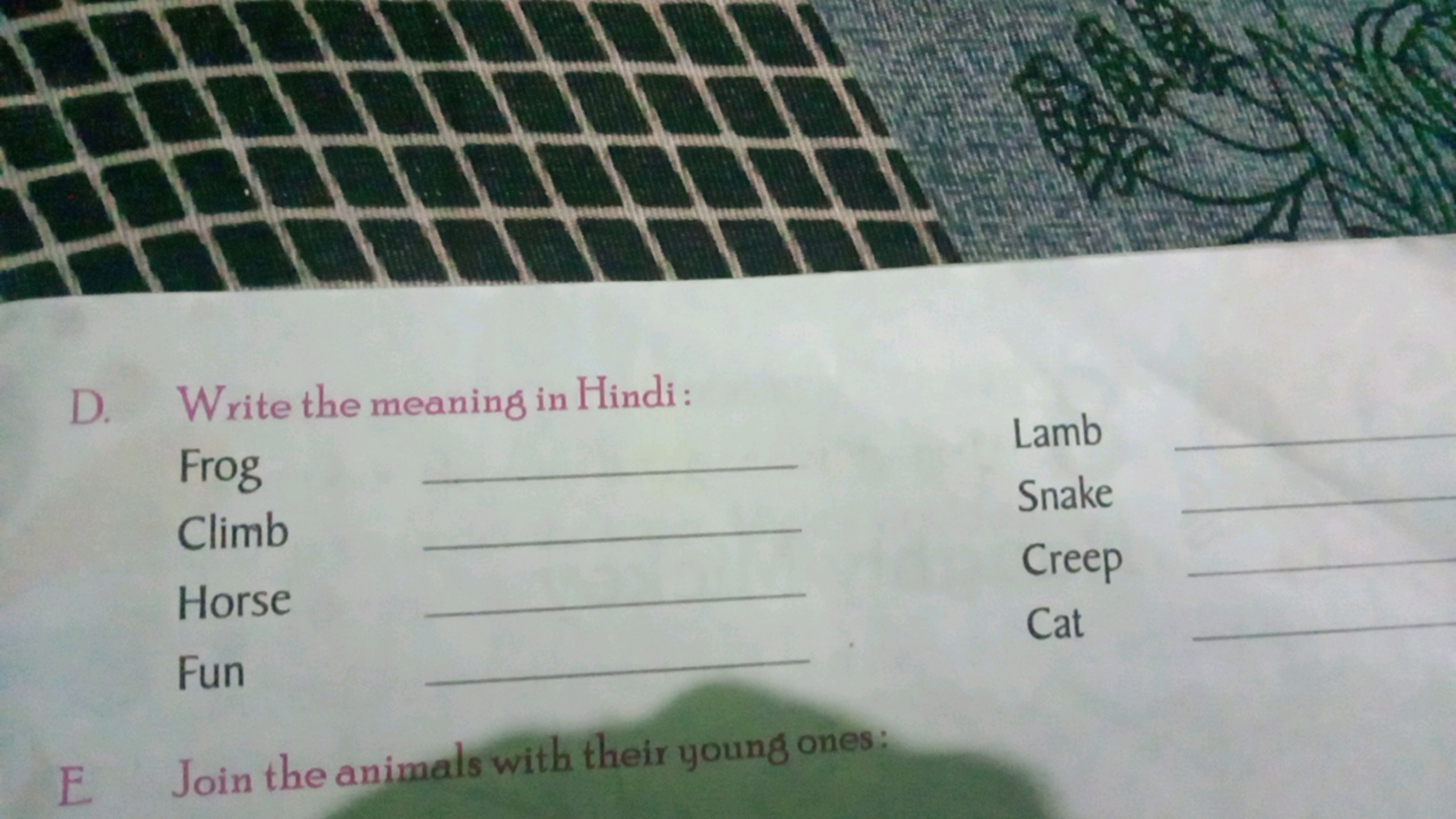 D. Write the meaning in Hindi :

Frog
Climb
Horse
Fun
Lamb
Snake
Creep