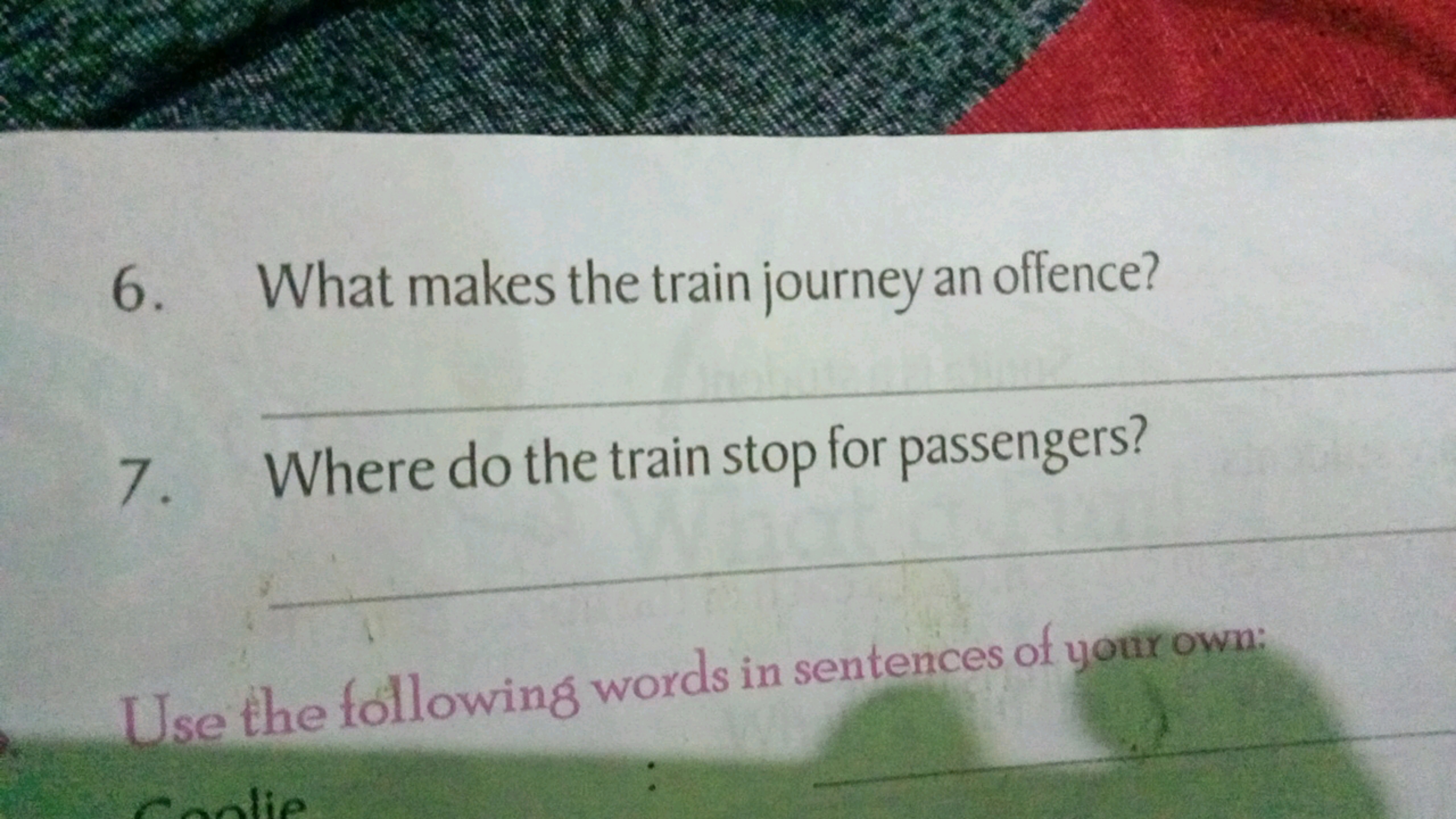 6. What makes the train journey an offence?
7. Where do the train stop