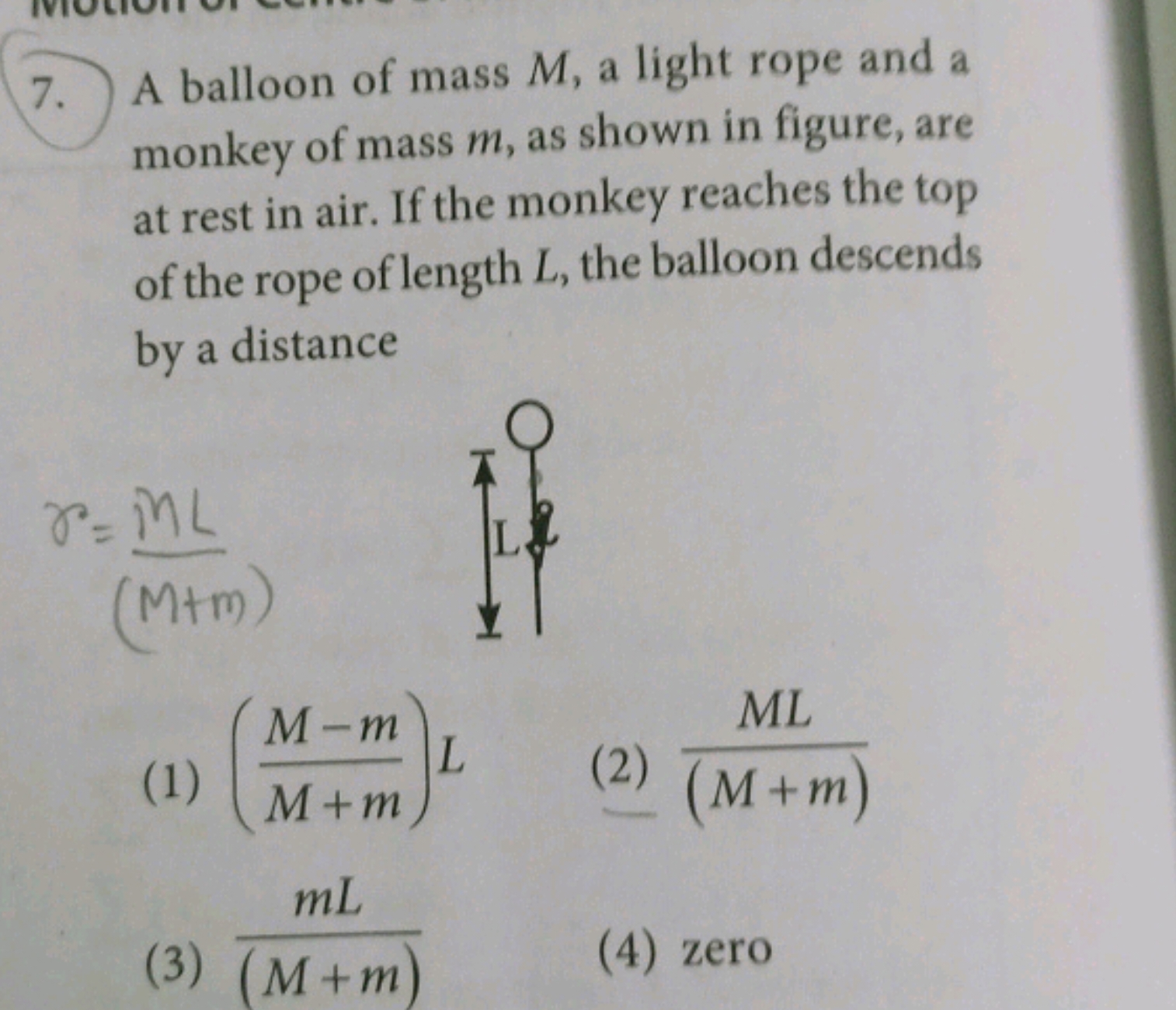 7. A balloon of mass M, a light rope and a monkey of mass m, as shown 