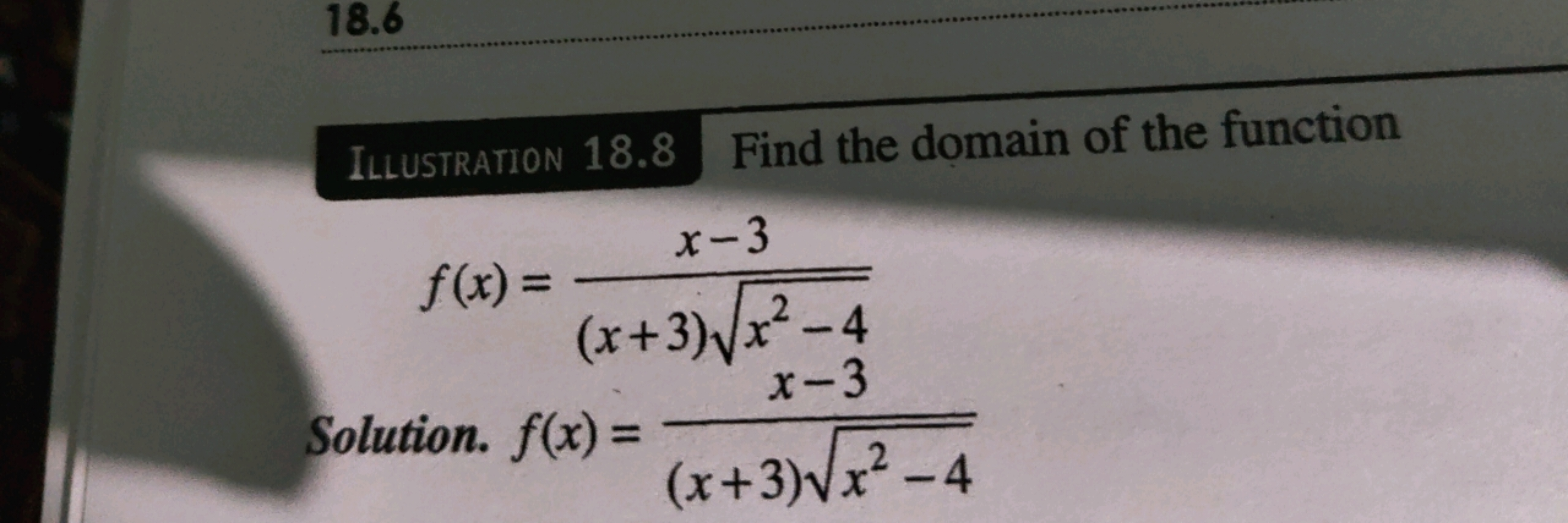 Illustration 18.8 Find the domain of the function
f(x)=(x+3)x2−4​x−3​
