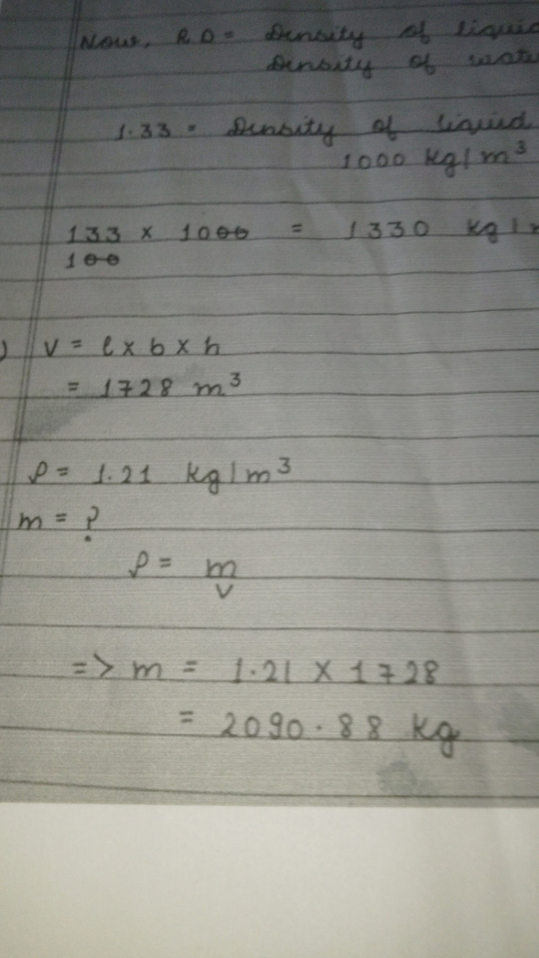 Now, RD= Sunsity of liquic contitit of avate
1.33= Denbity of Sinud. 1