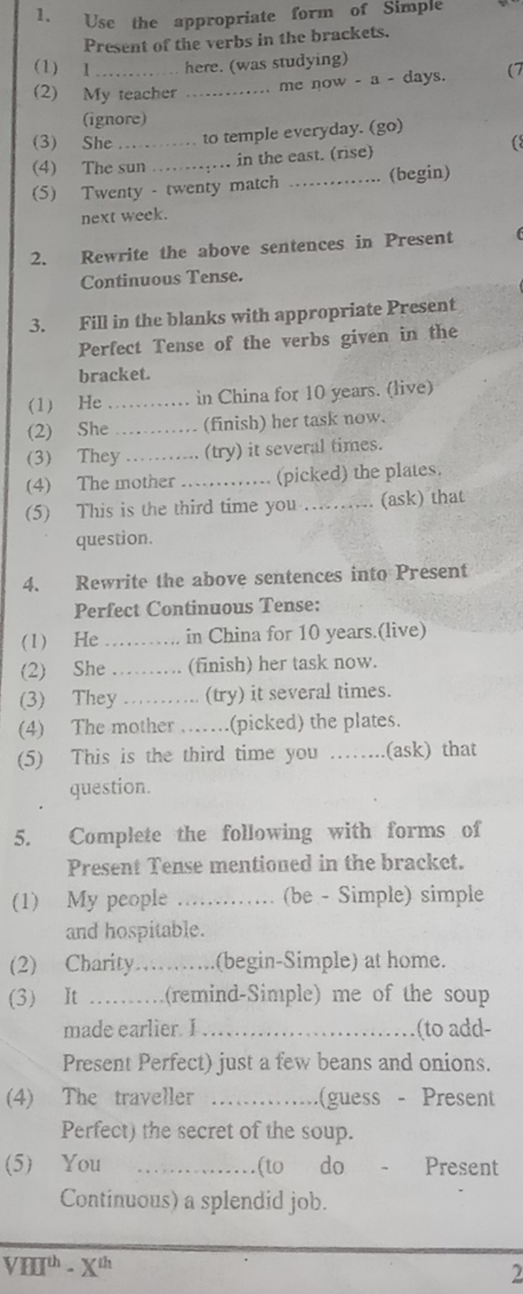 1. Use the appropriate form of Simple Present of the verbs in the brac