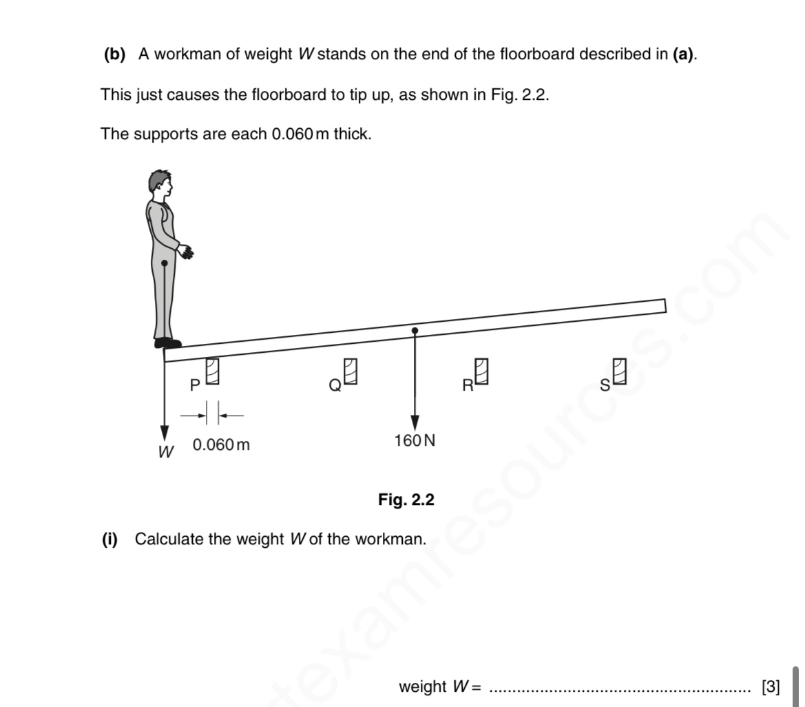 (b) A workman of weight W stands on the end of the floorboard describe