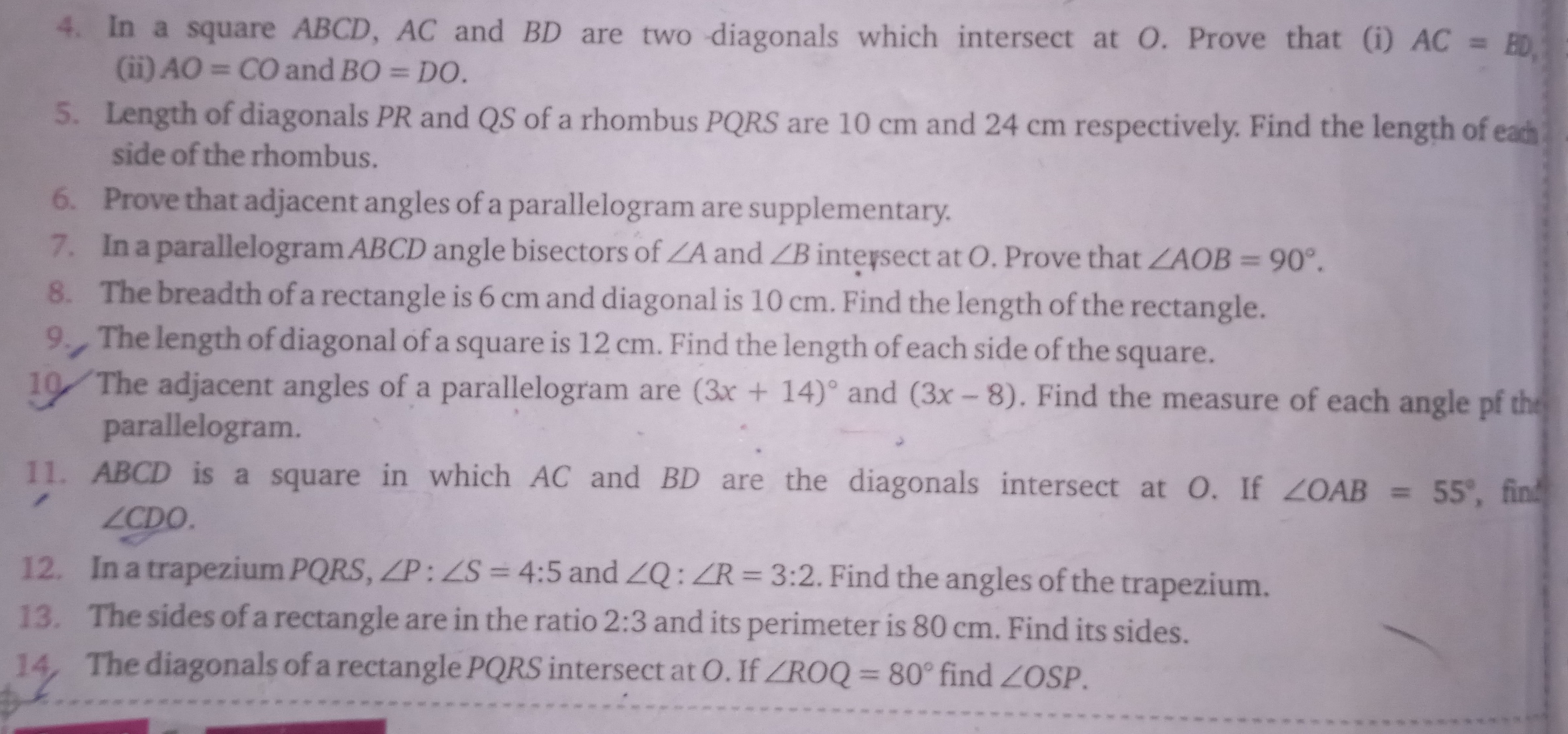 4. In a square ABCD,AC and BD are two diagonals which intersect at O. 