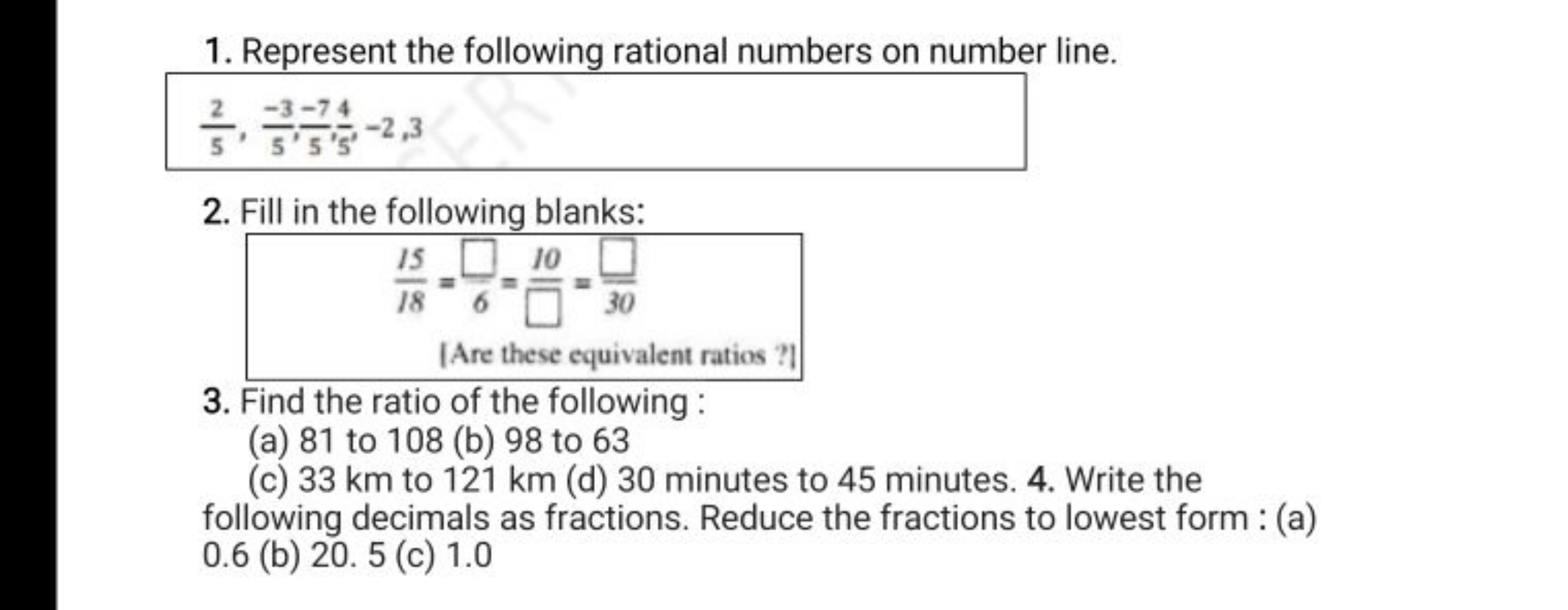 1. Represent the following rational numbers on number line.
52​,5−3​,5