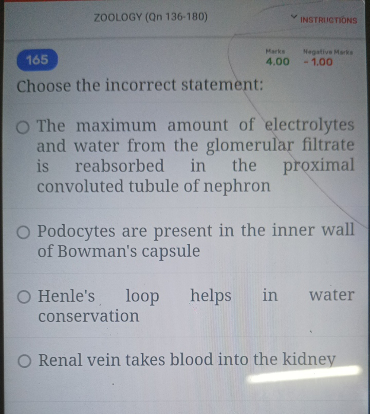 ZOOLOGY (Qn 136-180)
INSTRIIGTIONS
165
Marks
Negative Marke
Choose the