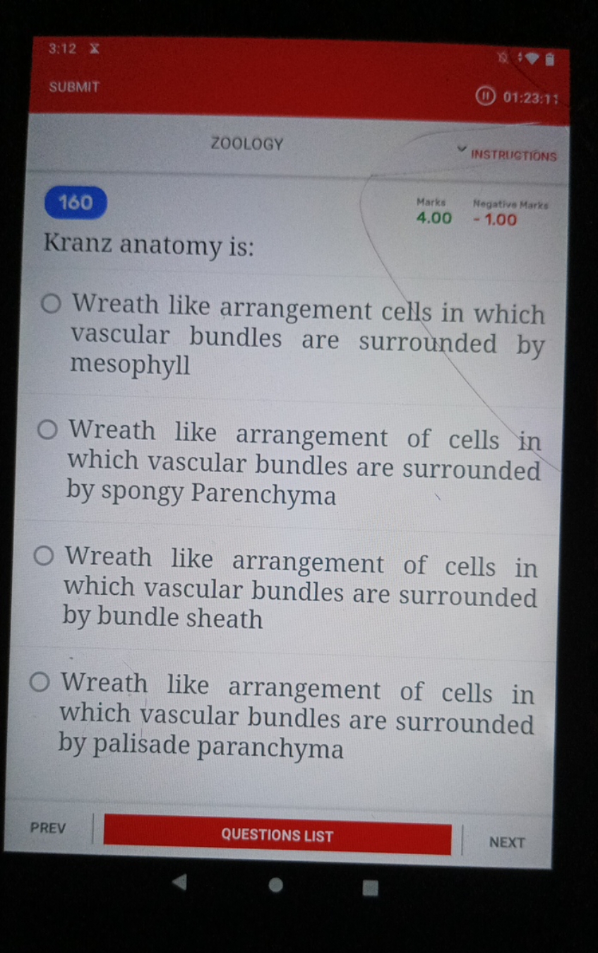 3:12
SUBMIT
01:23:1:
ZOOLOGY
INSTRUGTIONS
160
Marks
Negative Marks
Kra
