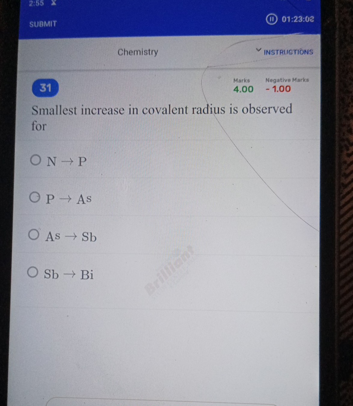 2:55
SUBMIT
01:23:08
Chemistry
INSTRUGTIONS
31
Marks
Negative Marks
4.