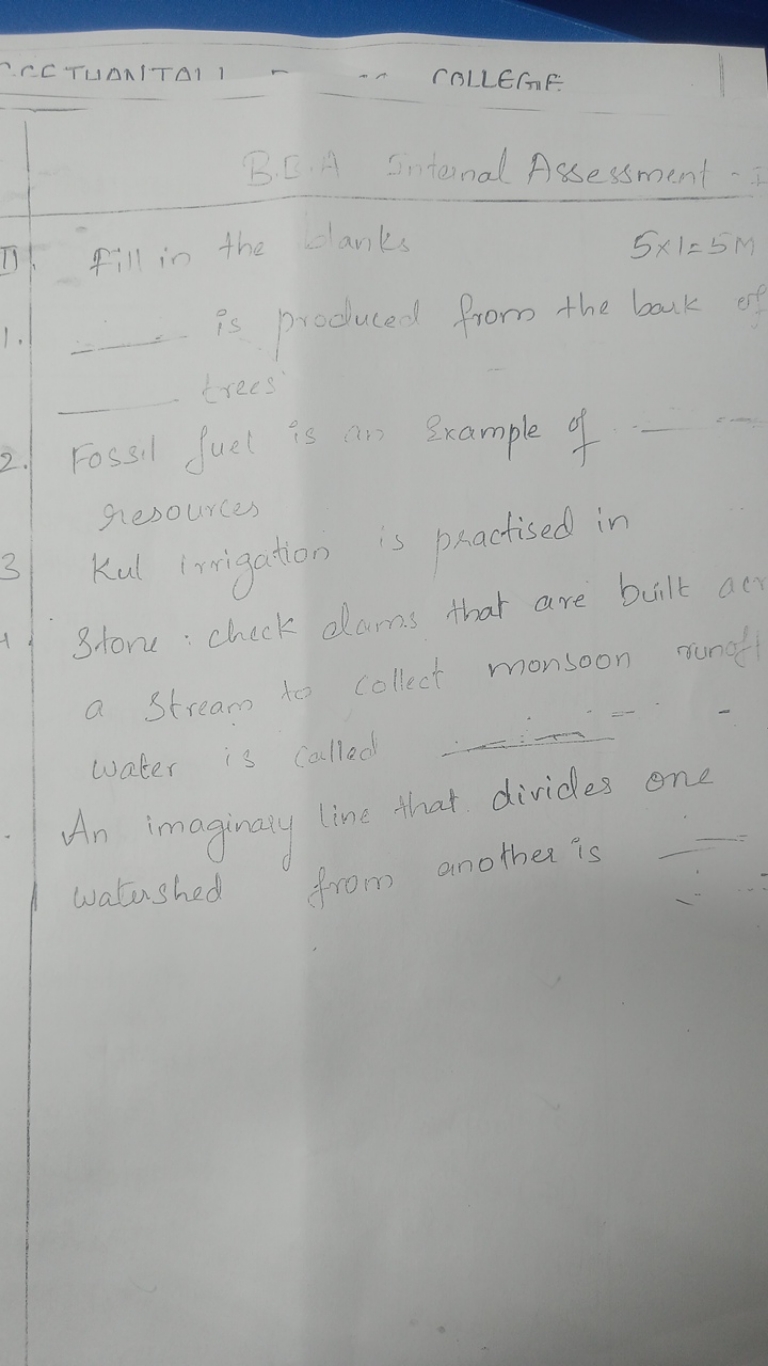 CECTLAMITAII
COLLEGE:
B.E.A Internal Assessment .
II. Fill in the 5×1=