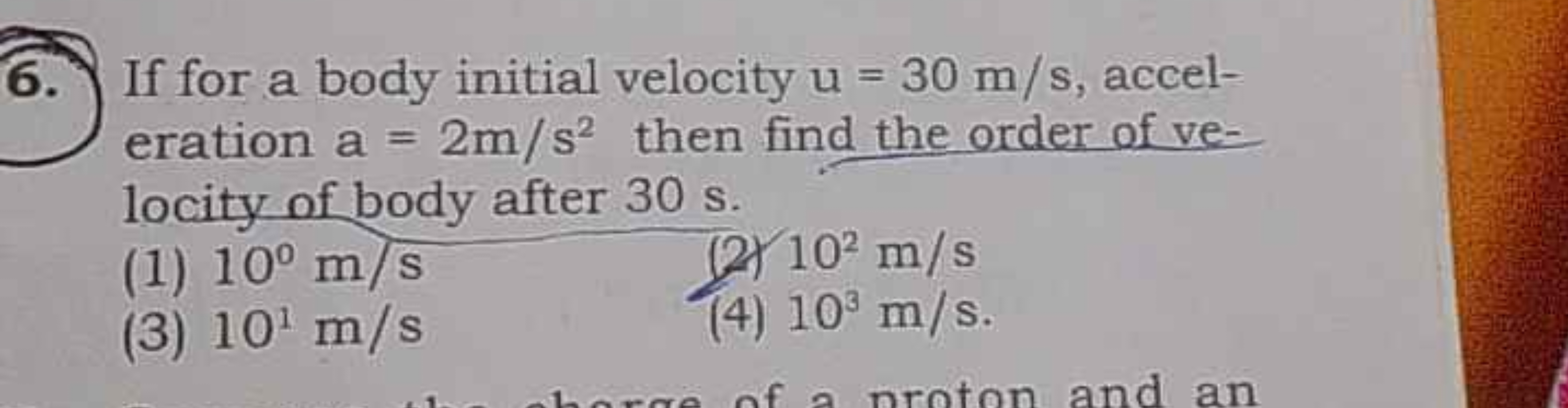 6.
If for a body initial velocity u=30 m/s, acceleration a=2 m/s2 then