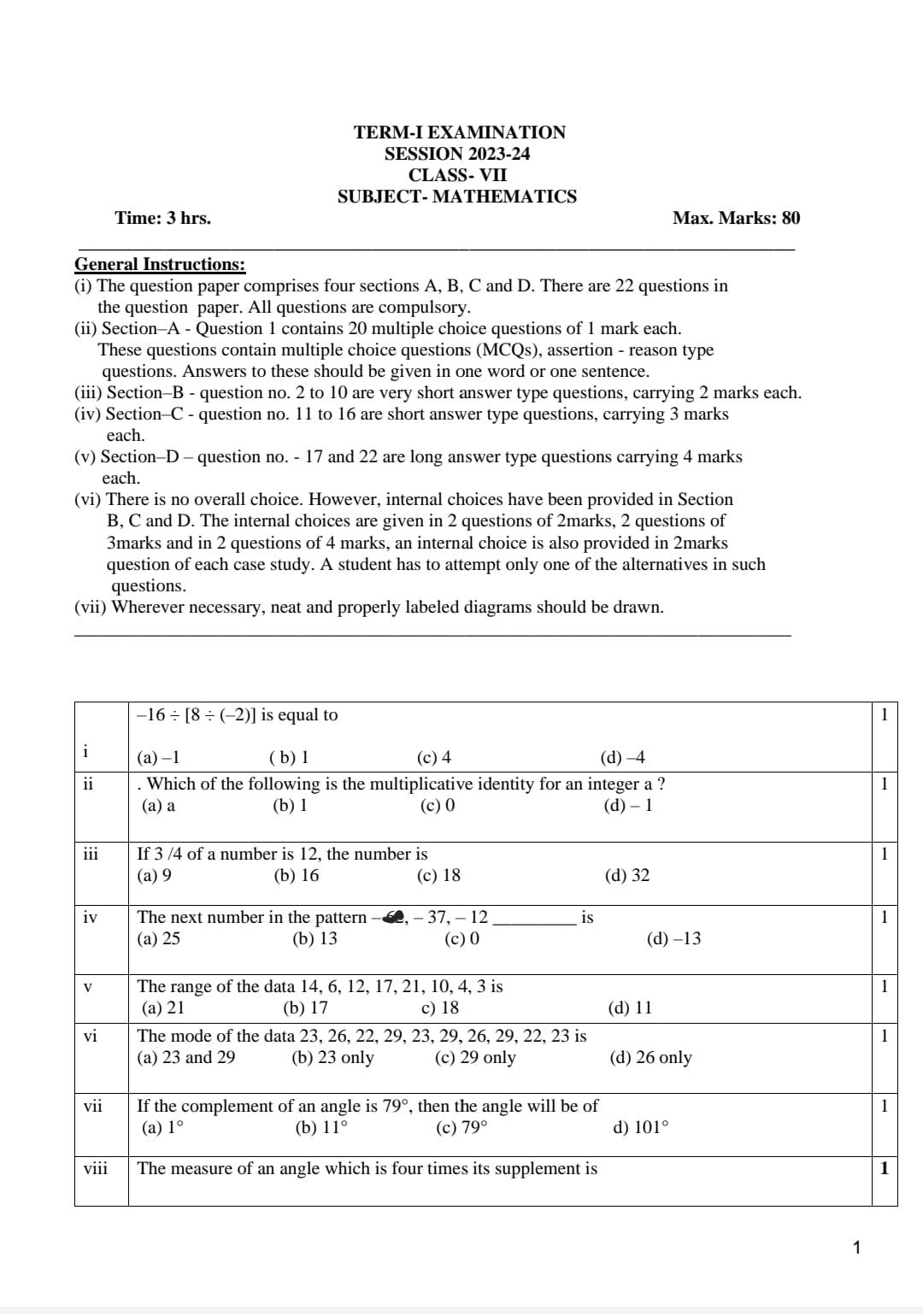 TERM-I EXAMINATION SESSION 2023-24 CLASS- VII SUBJECT-MATHEMATICS Time