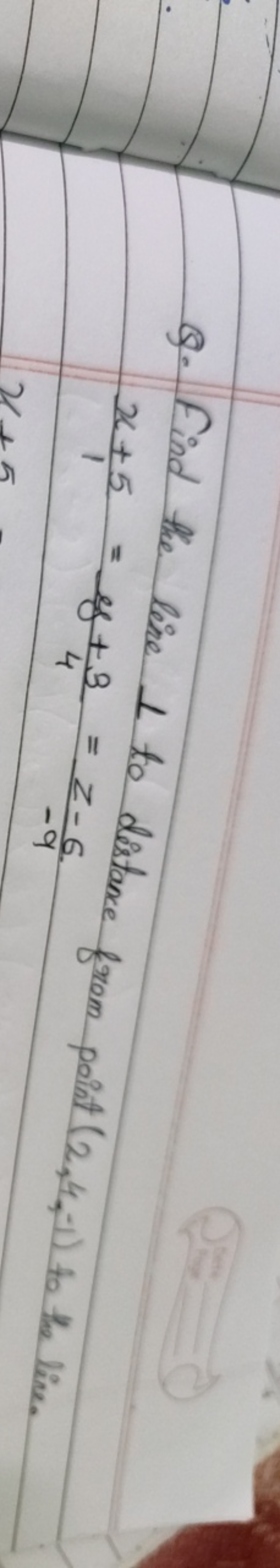 Q. Find the line 1 to distance from point (2,4,−1) to the line.
1x+5​=