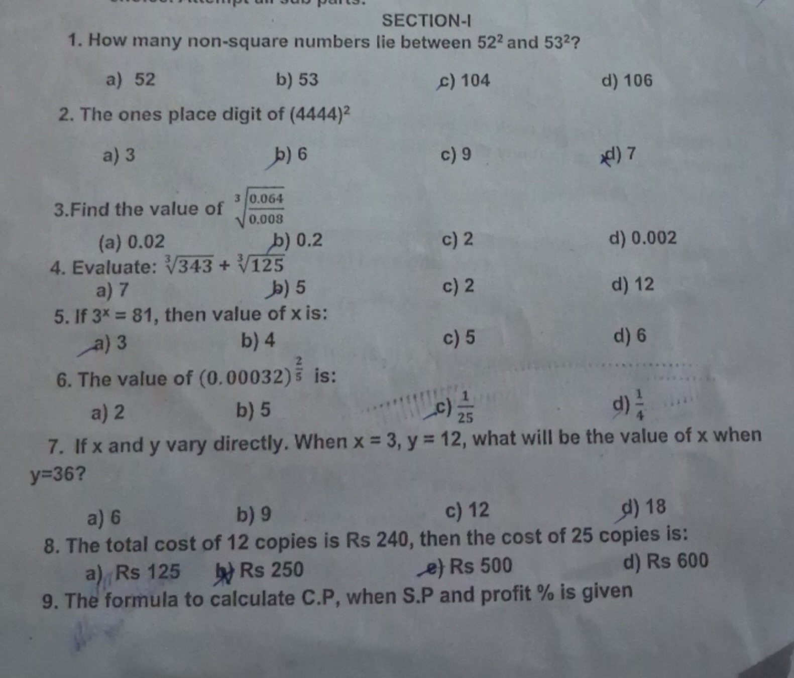 SECTION-I
1. How many non-square numbers lie between 522 and 532 ?
a) 