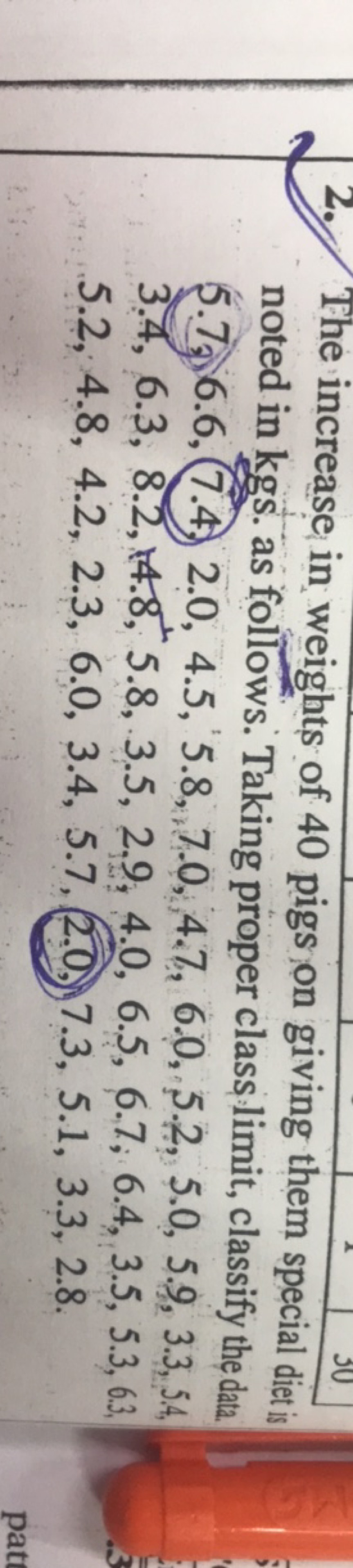 2. The increase in weights of 40 pigs on giving them special diet is n