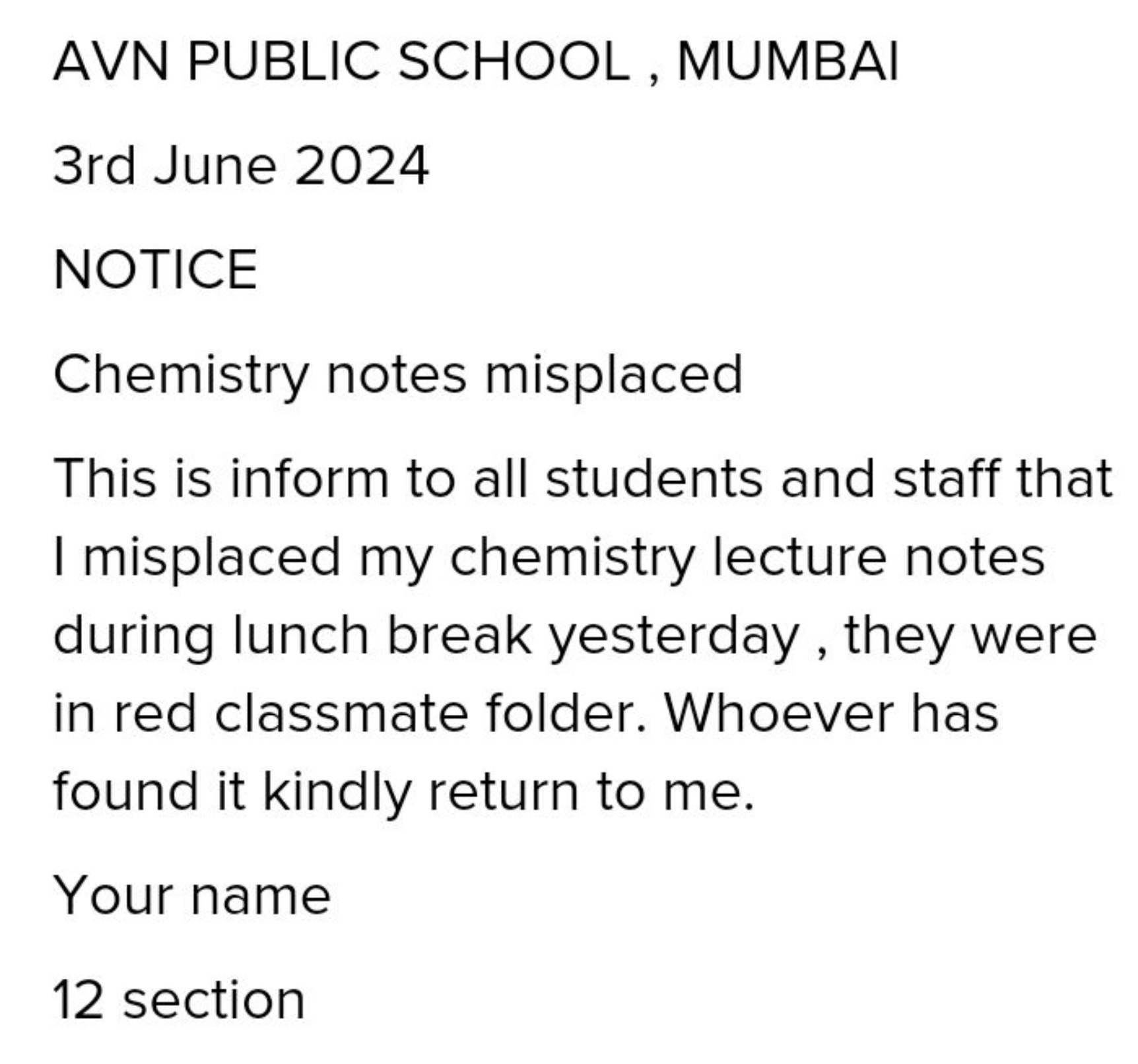 AVN PUBLIC SCHOOL , MUMBAI
3rd June 2024
NOTICE
Chemistry notes mispla