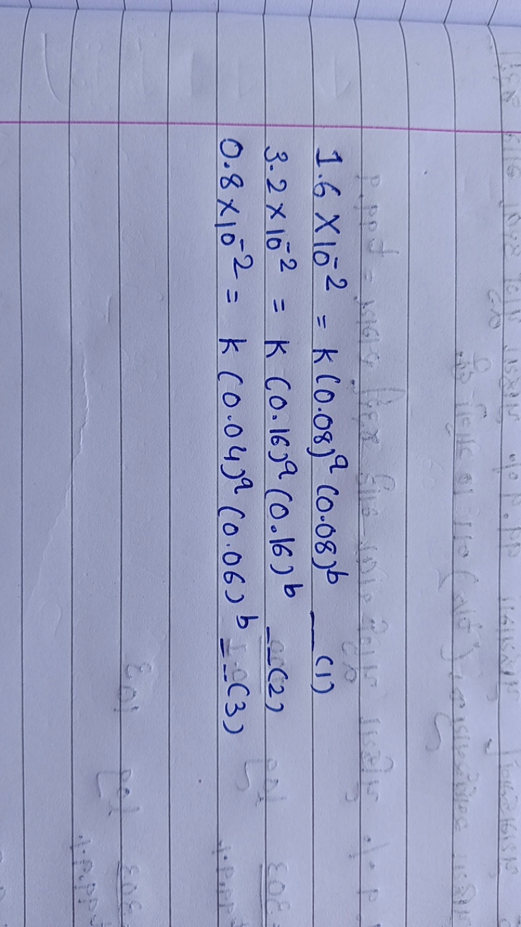 1.6×10−2=k(0.08)a(0.08)b3.2×10−2=k(0.16)a(0.16)b0.8×10−2=k(0.04)a(0.06