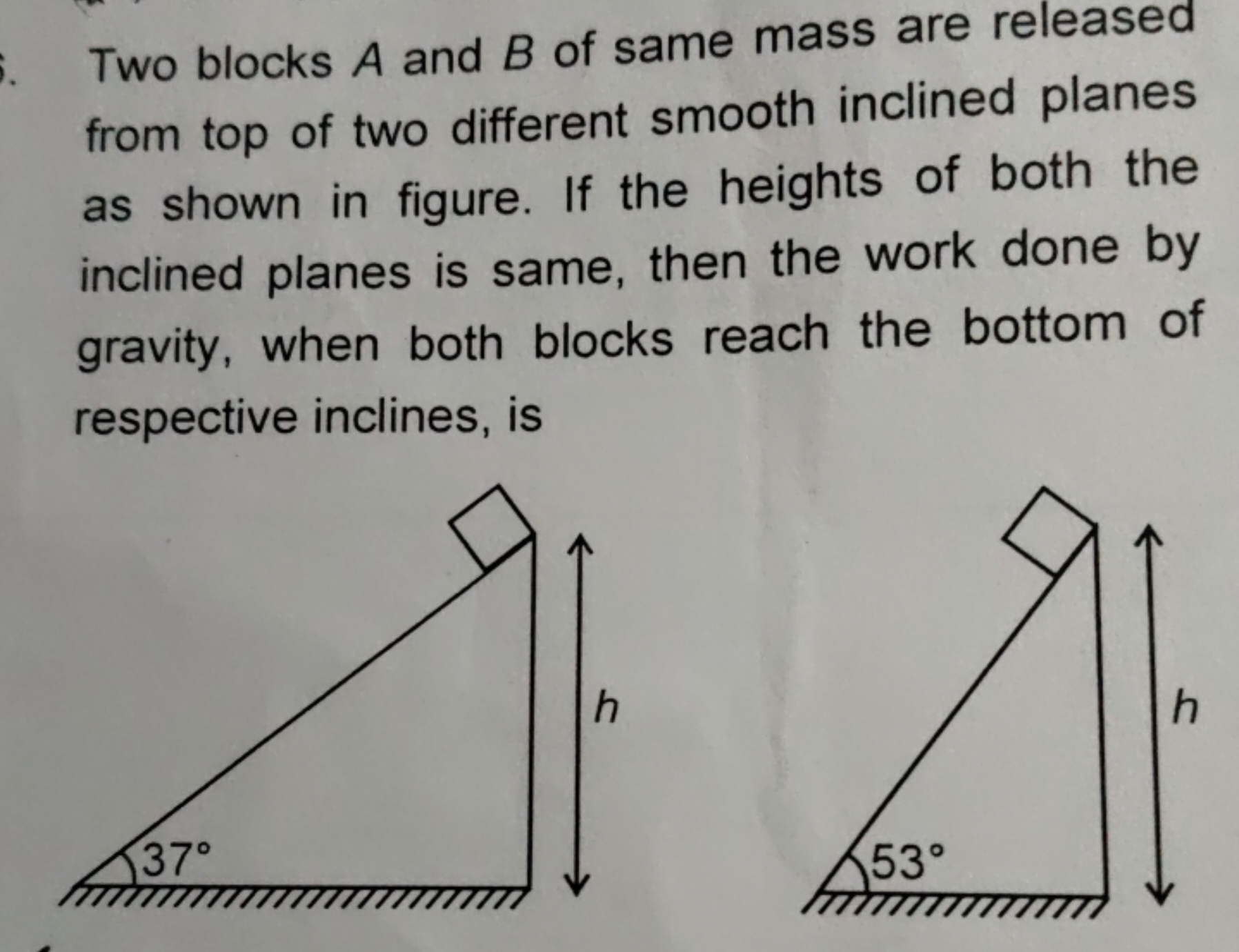 Two blocks A and B of same mass are released from top of two different