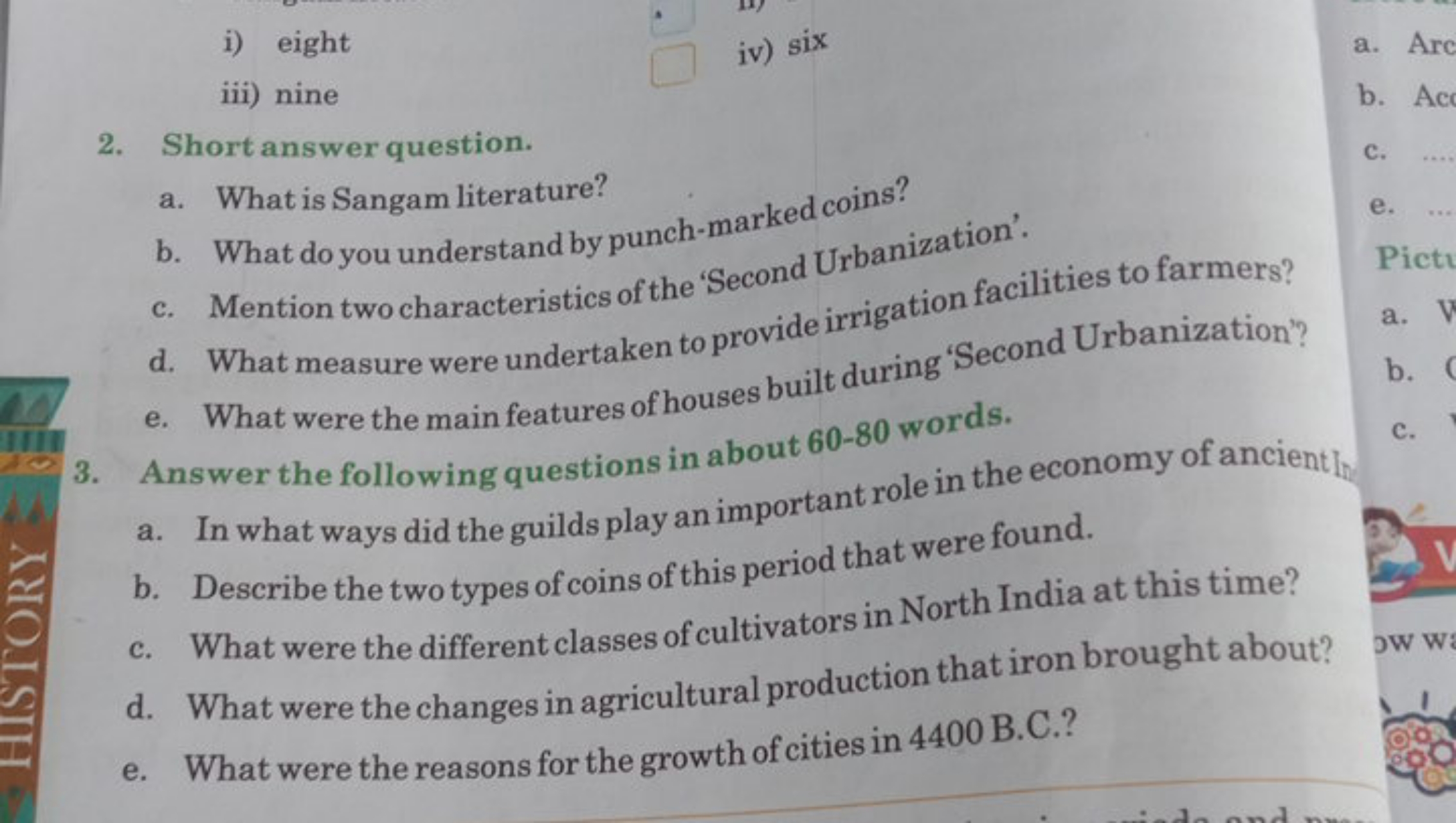 i) eight
iii) nine
iv) six
2. Short answer question.
a. What is Sangam