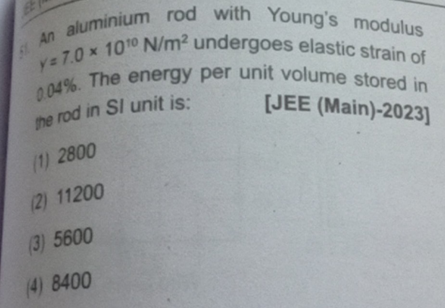 An aluminium rod with Young's modulus y=7.0×1010 N/m2 undergoes elasti