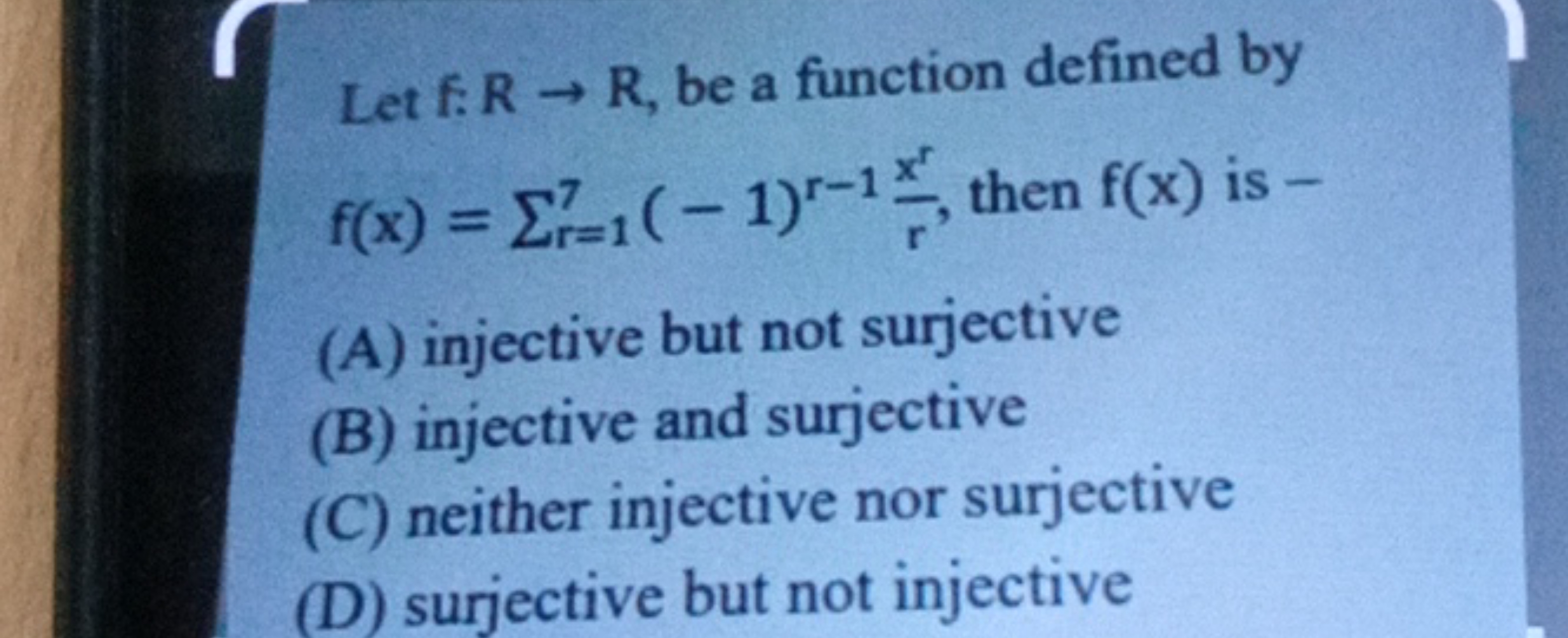 Let f:R→R, be a function defined by f(x)=∑r=17​(−1)r−1rxr​, then f(x) 