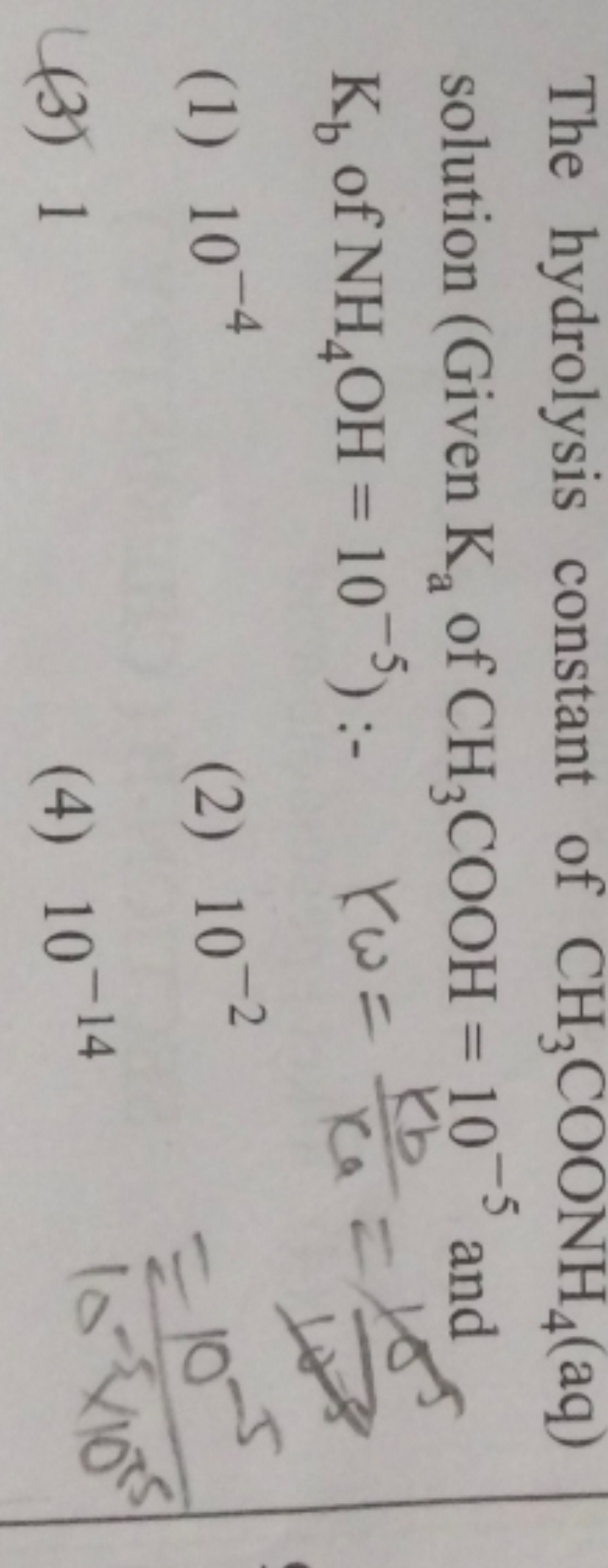 The hydrolysis constant of CH3​COONH4​(aq) solution (Given Ka​ of CH3​