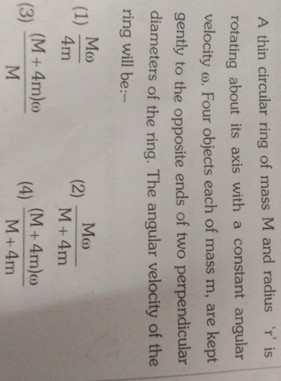 A thin circular ring of mass M and radius ' r ' is rotating about its 