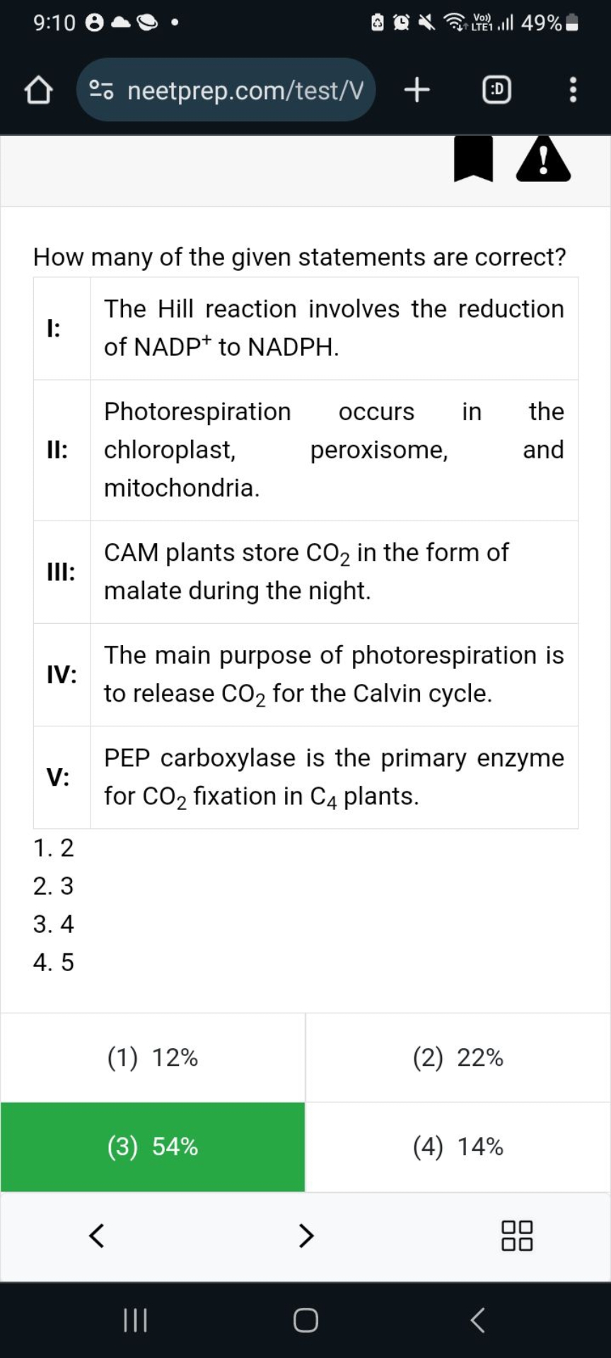 9:10
®- neetprep.com/test/V

How many of the given statements are corr