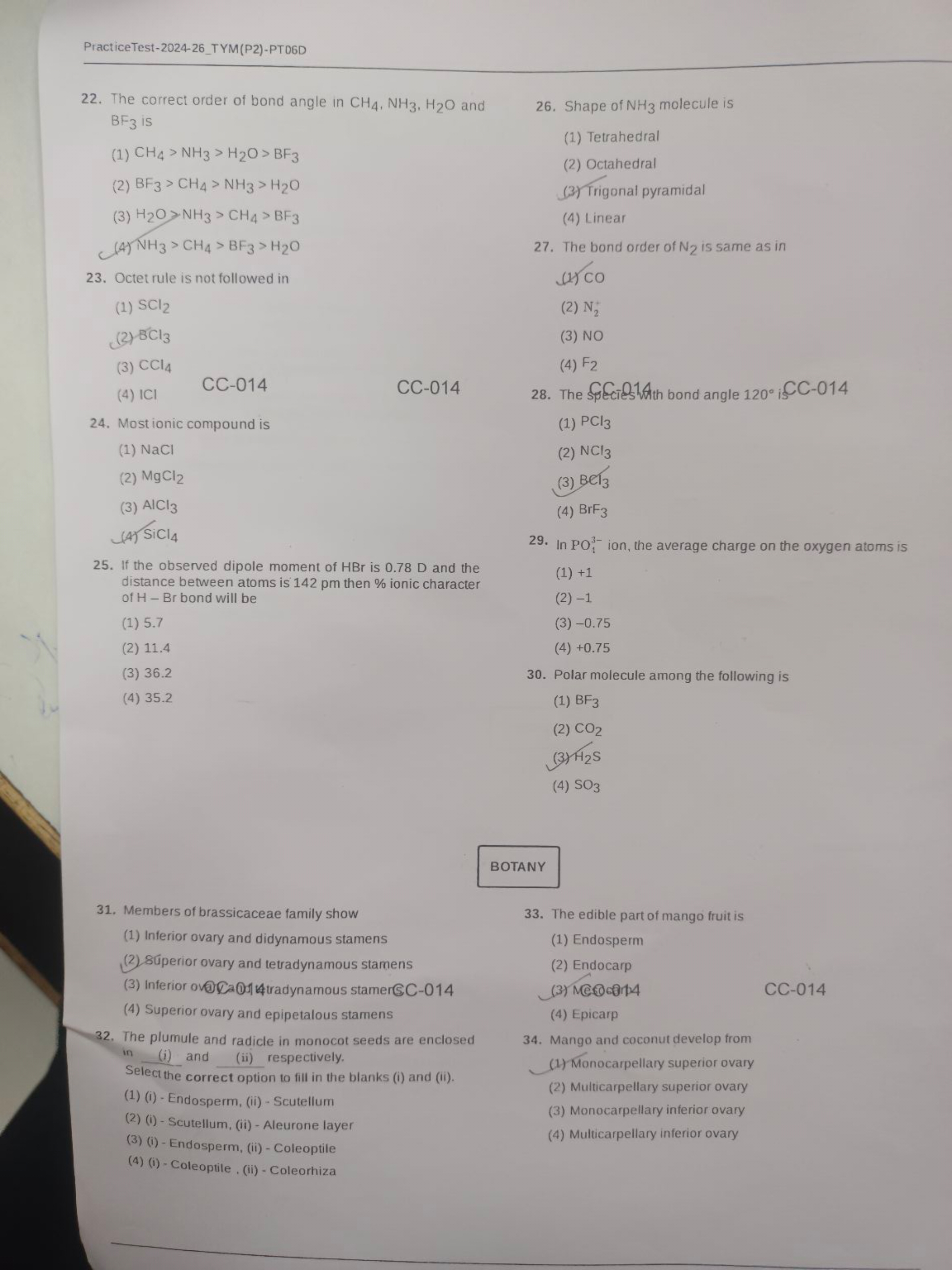 Practice Test-2024-26 TYM (P2)-PT06D
22. The correct order of bond ang