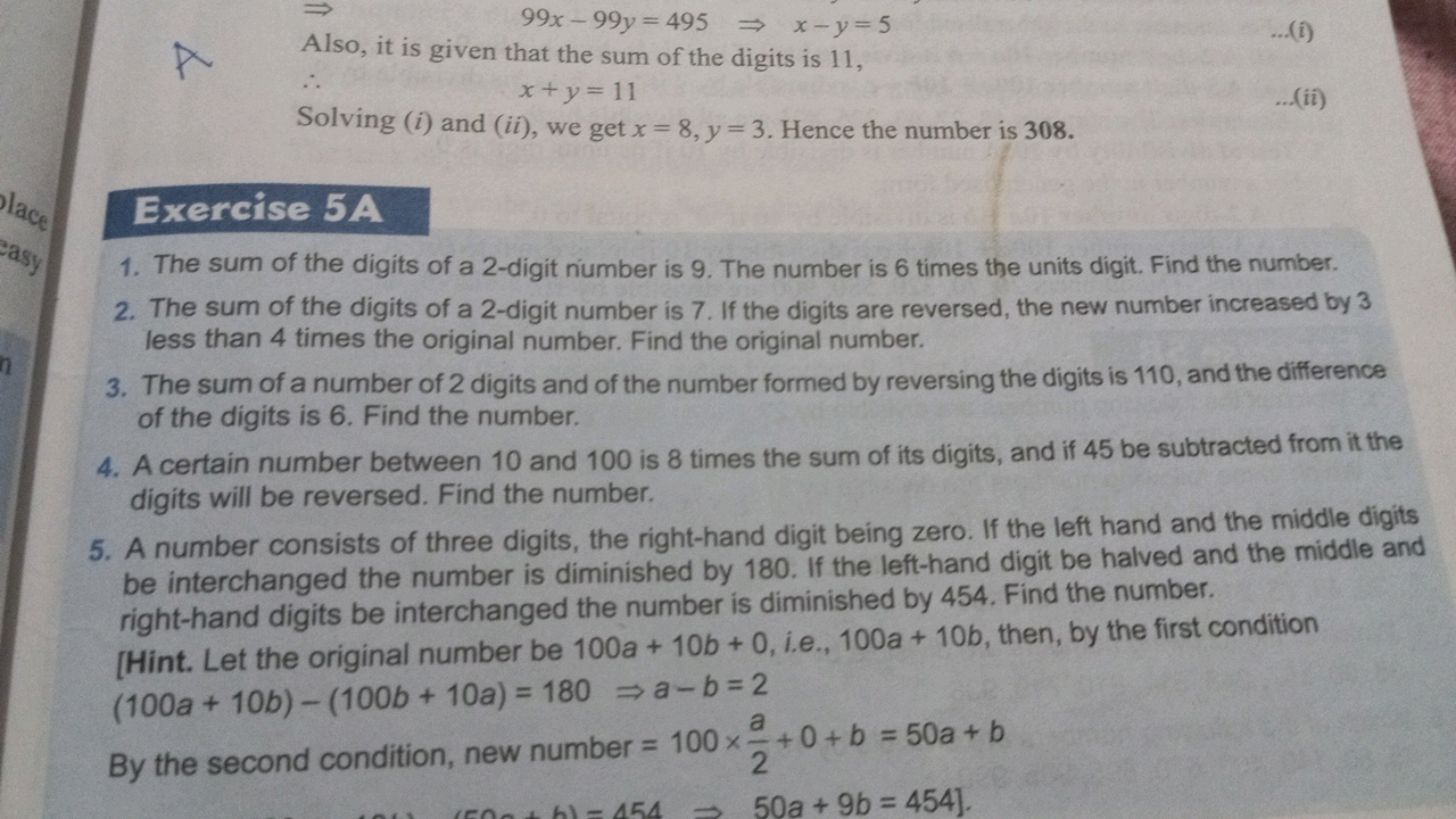 99x−99y=495⇒x−y=5

Also, it is given that the sum of the digits is 11 