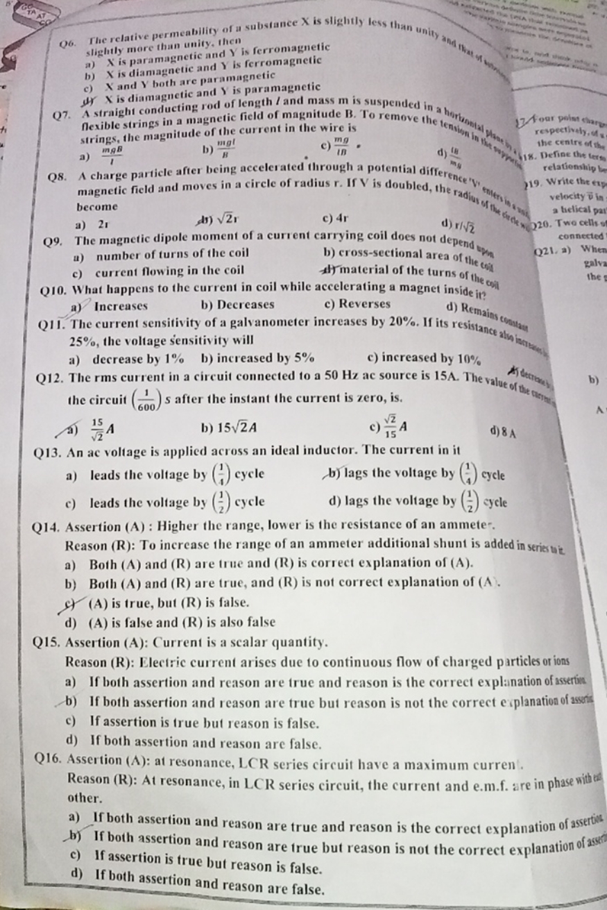 Q6.
The relative permeability of a substance X is slightly less than u