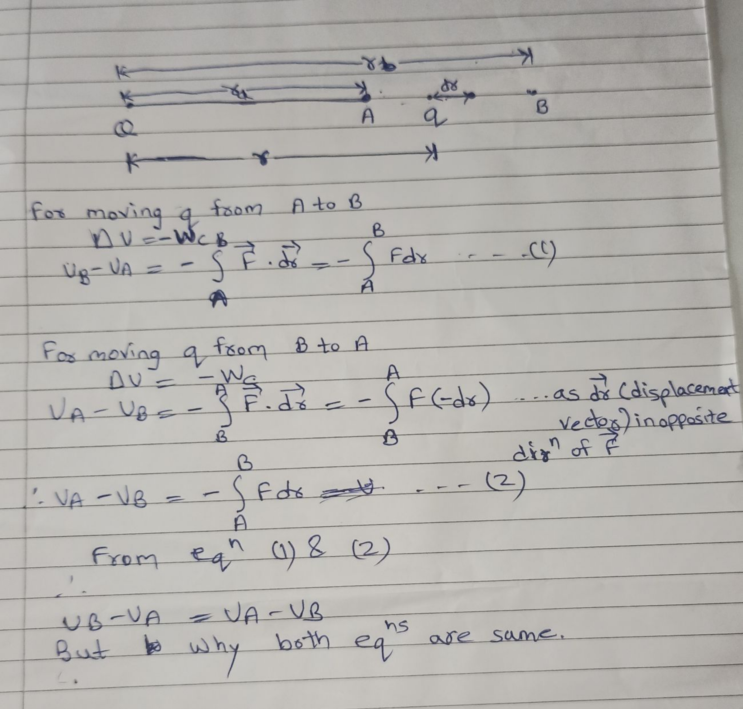 For moving q from A to B

For moving q from B to A
 vector) in opposit