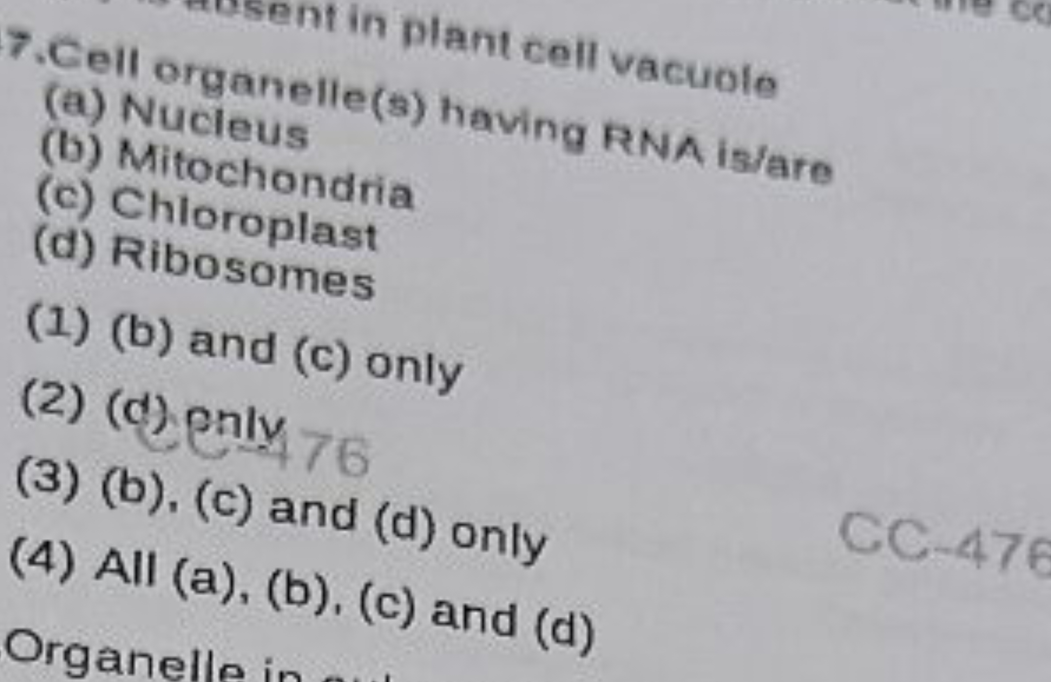 in plant cell vacuole
(a) Nucleus
(b) Mitochondria
(c) Chloroplast
(d)