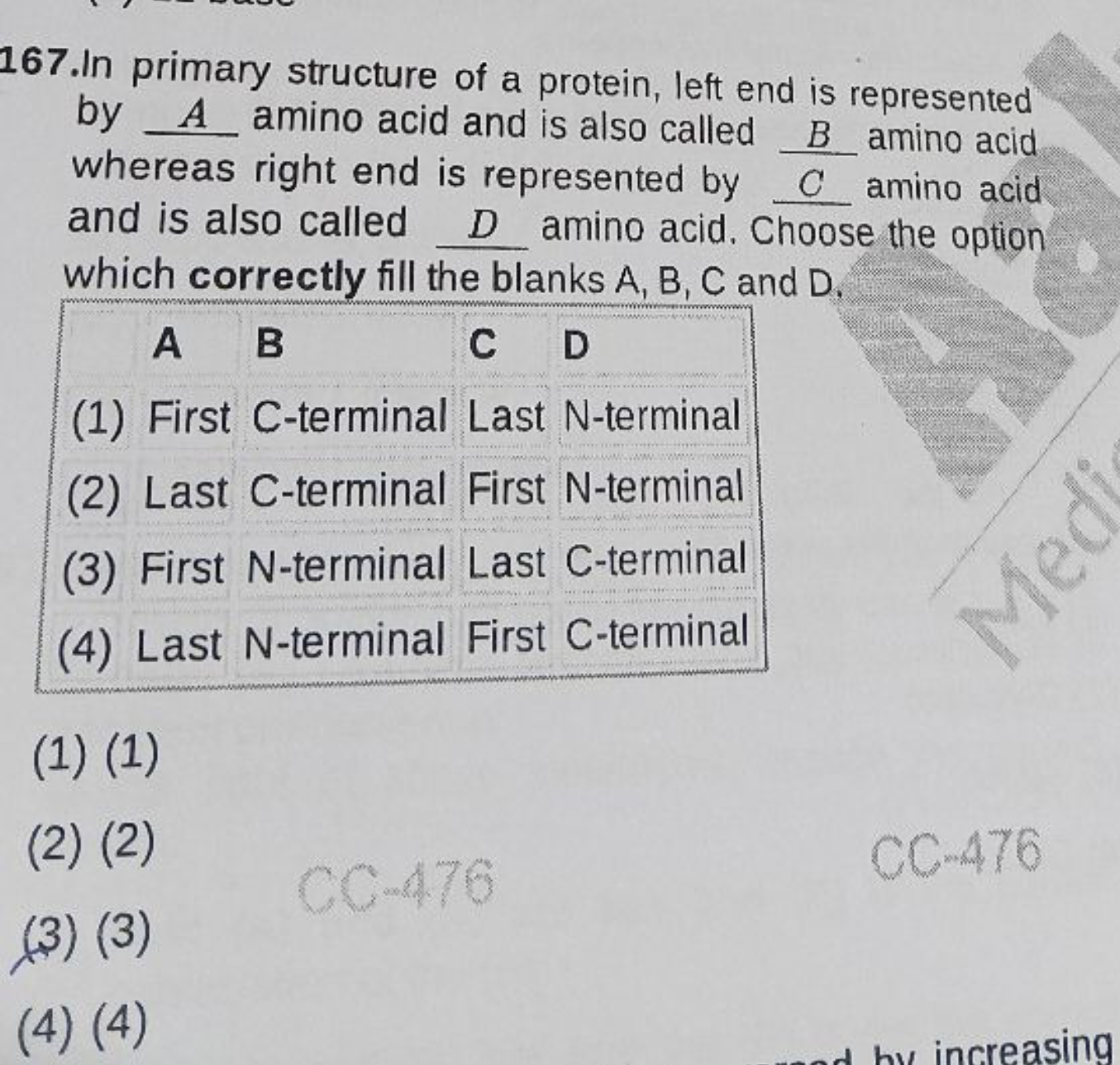 167.In primary structure of a protein, left end is represented by   am