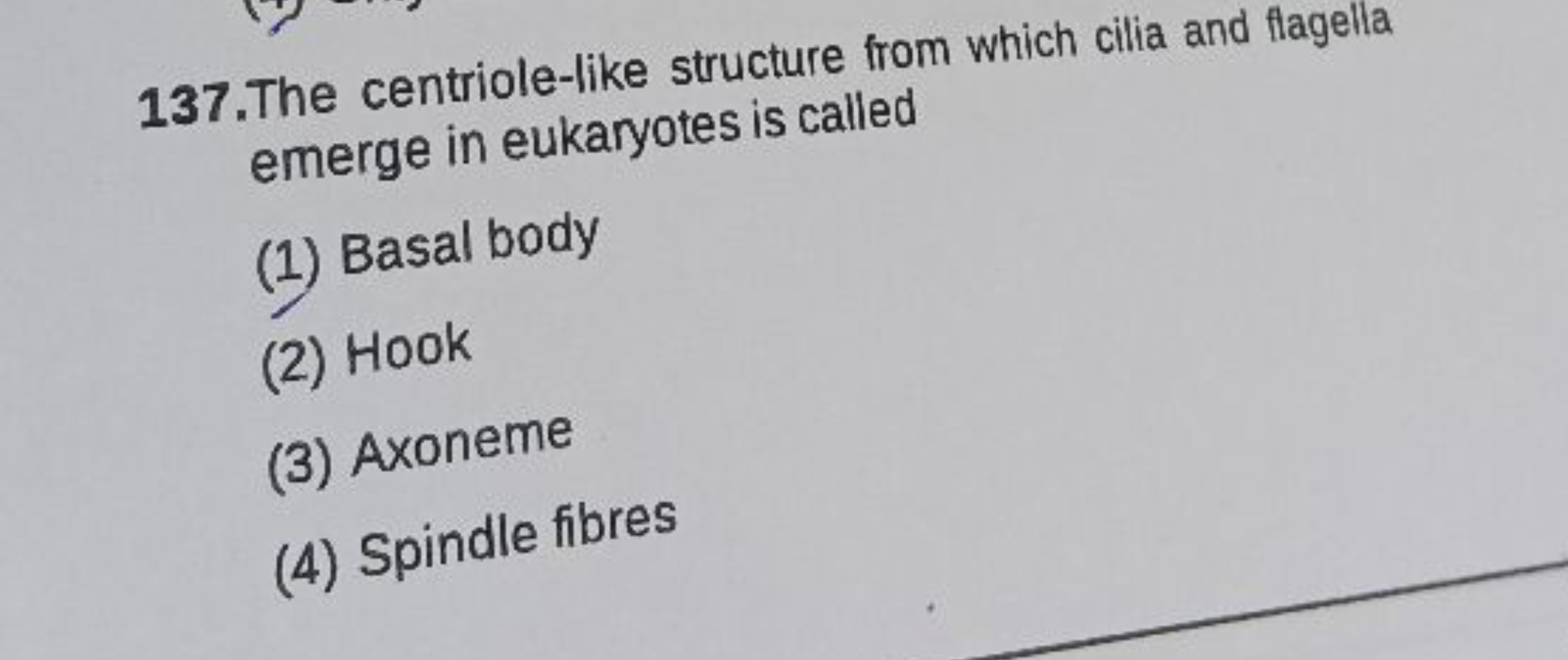 137. The centriole-like structure from which cilia and flagella emerge