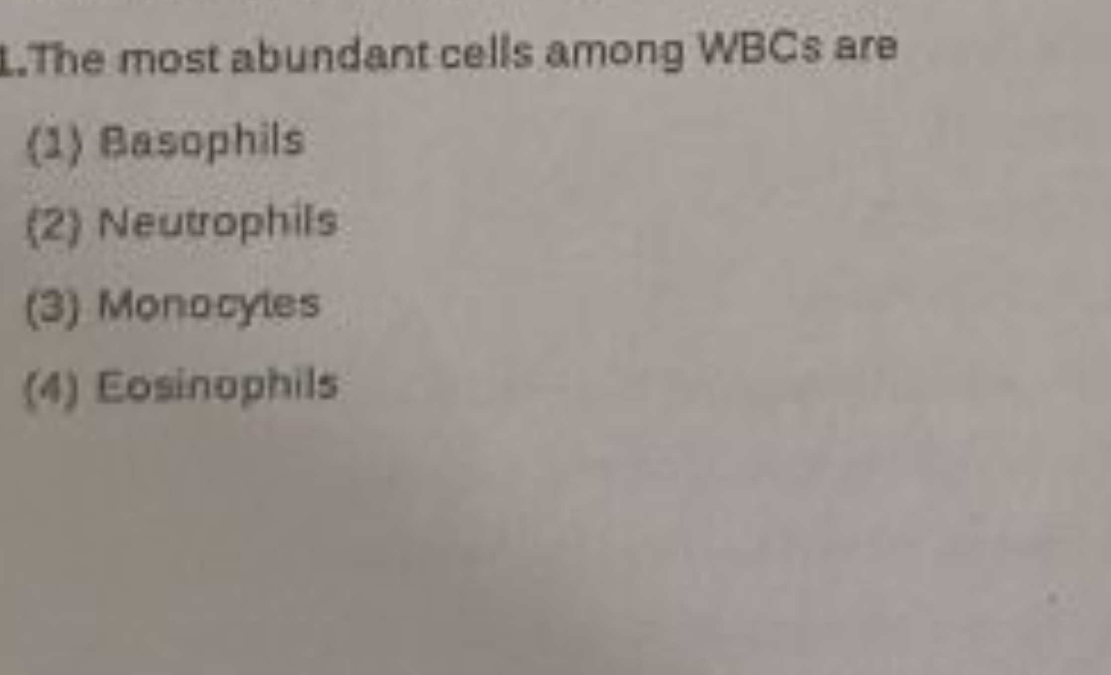 L.The most abundant cells among WBCs are
(2) Basophils
(2) Neutrophils