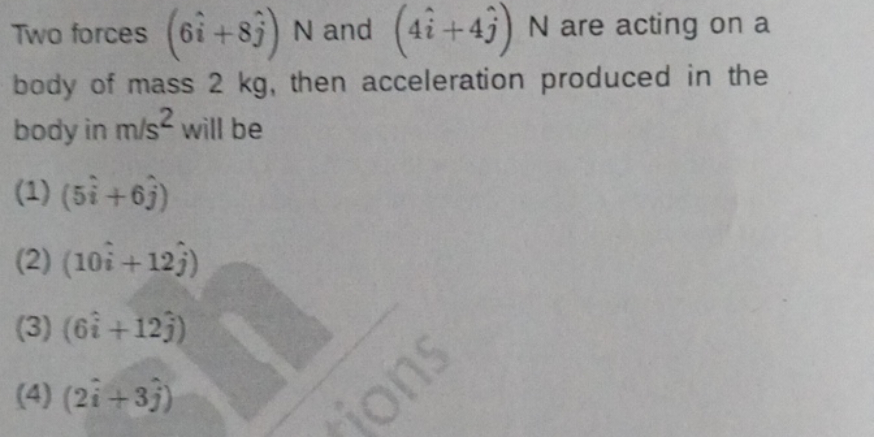 Two forces (6i^+8j^​)N and (4i^+4j^​)N are acting on a body of mass 2 