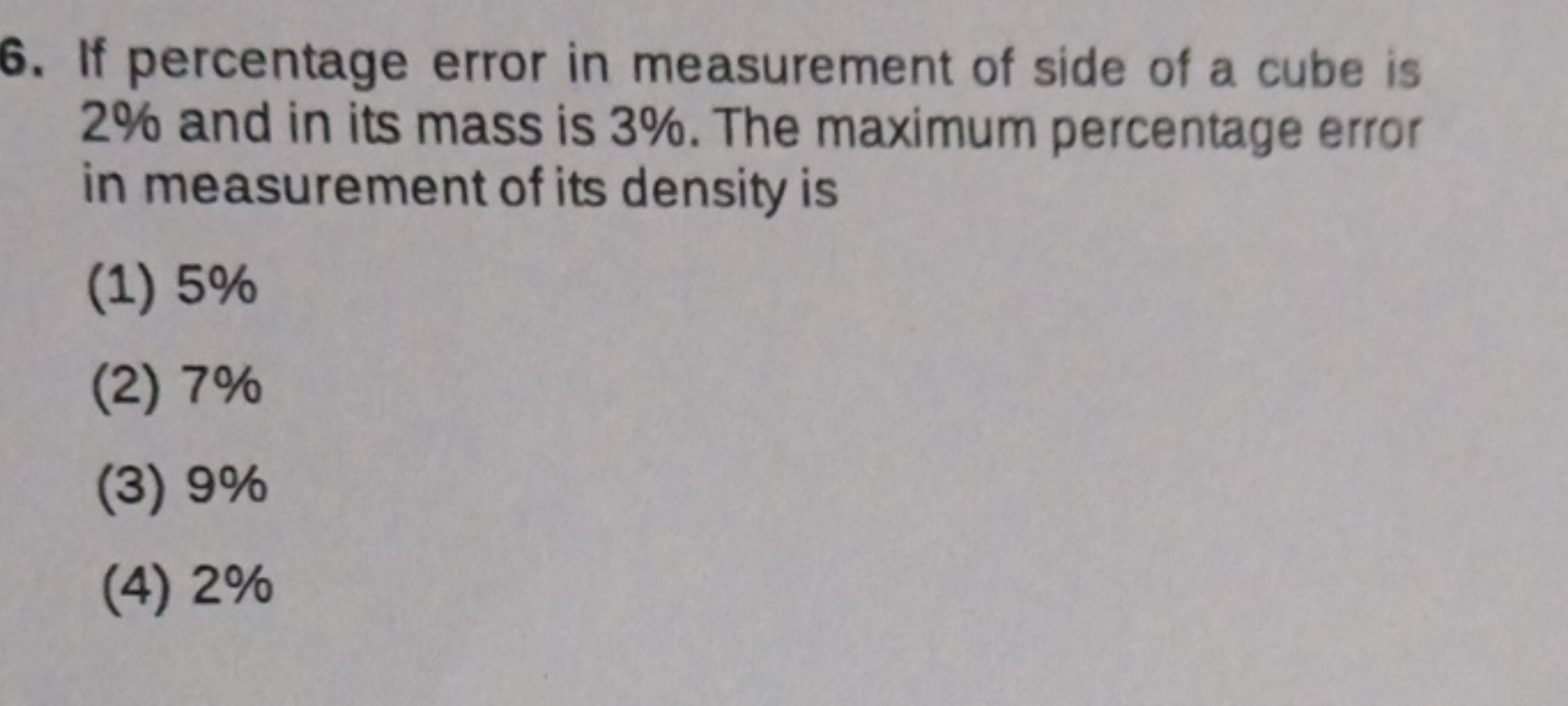 6. If percentage error in measurement of side of a cube is 2% and in i