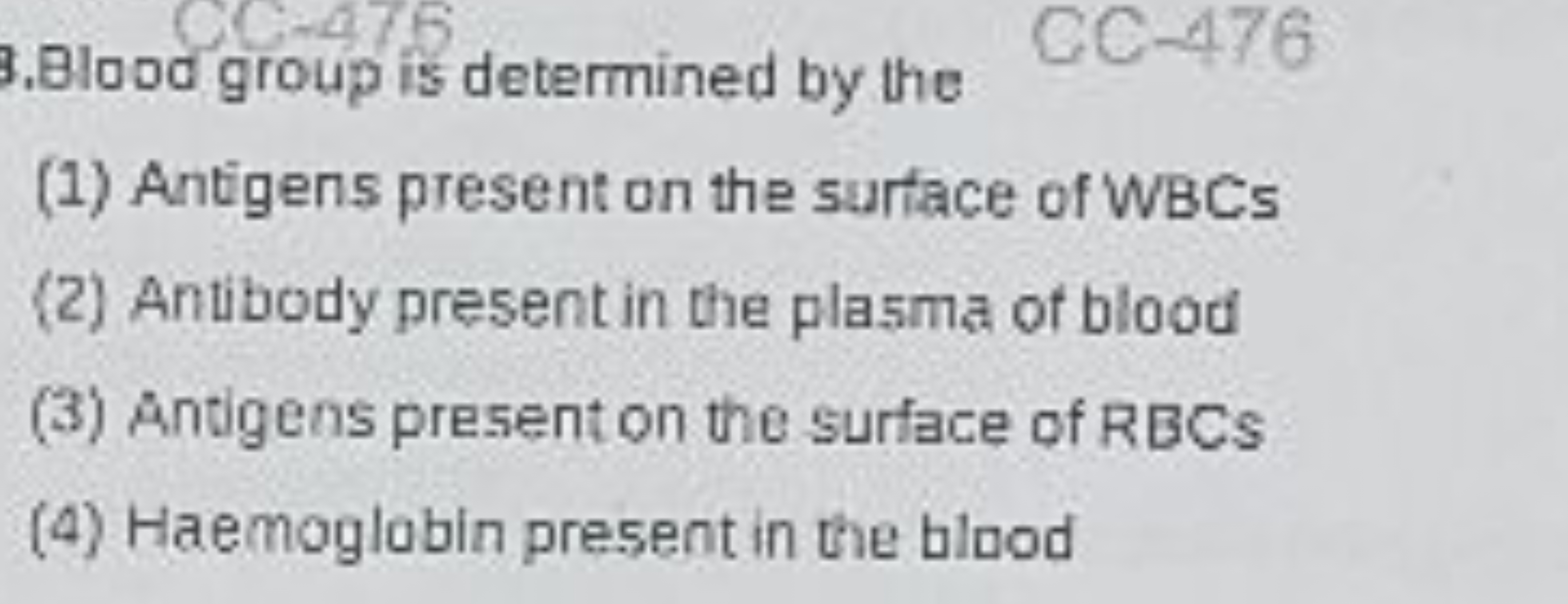 3.Blood group is determined by the
CC−476
(1) Antigens present on the 