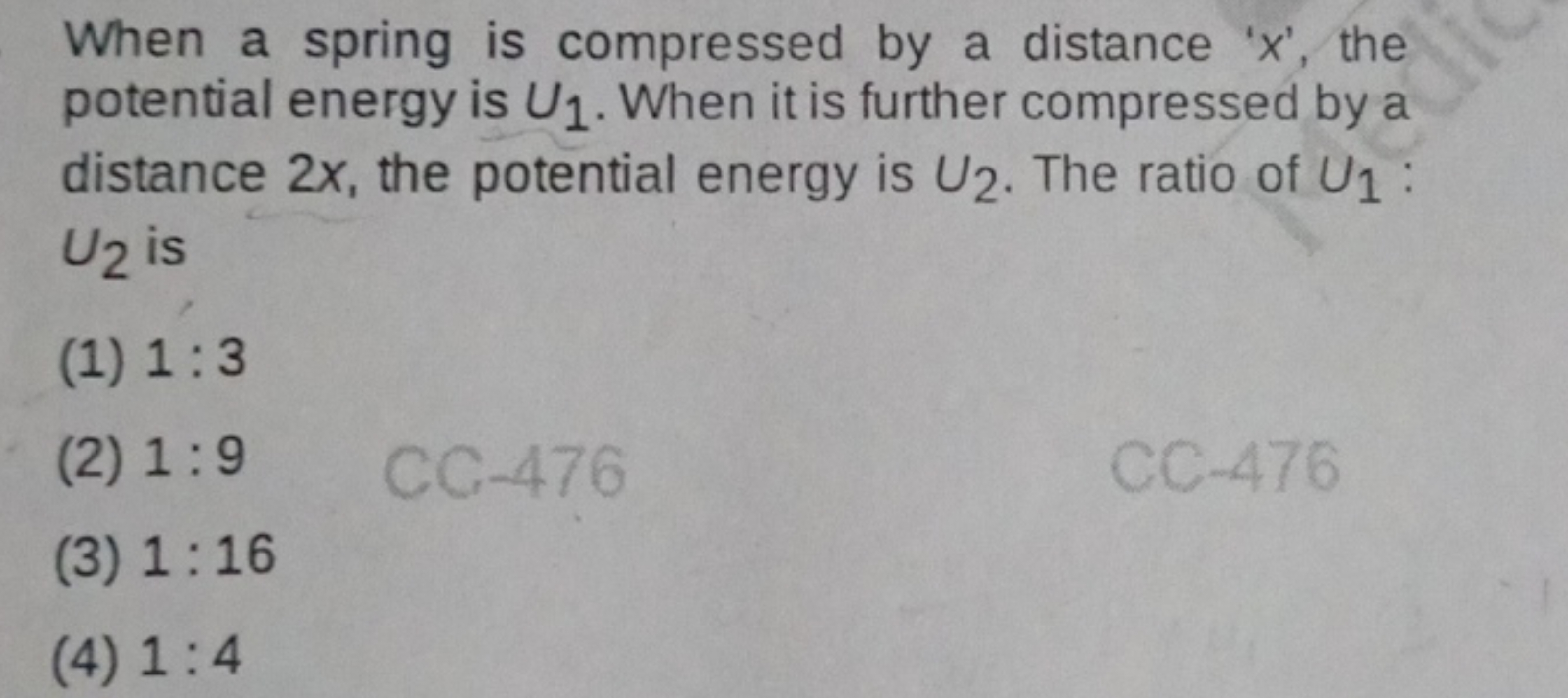 When a spring is compressed by a distance ' x ', the potential energy 