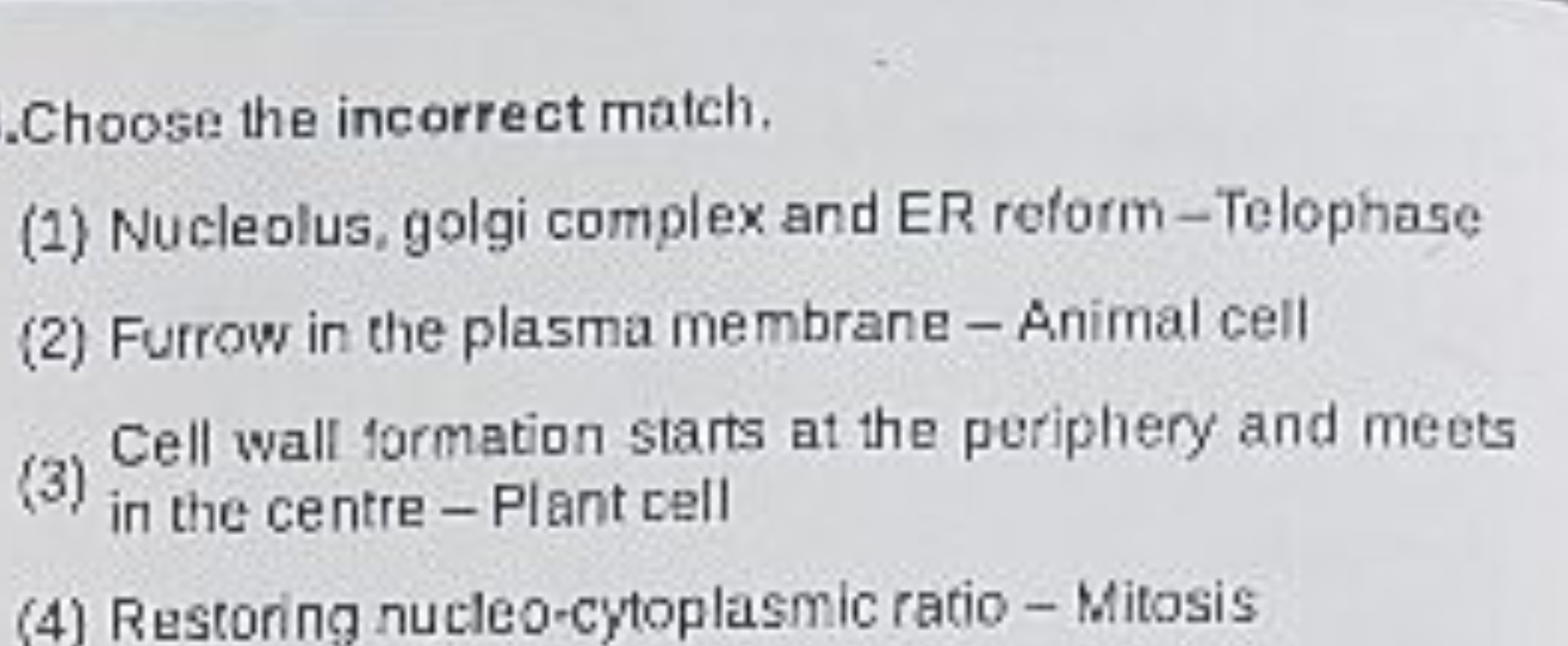 .Choose the incorrect match.
(1) Nucleolus, golgi complex and ER refor