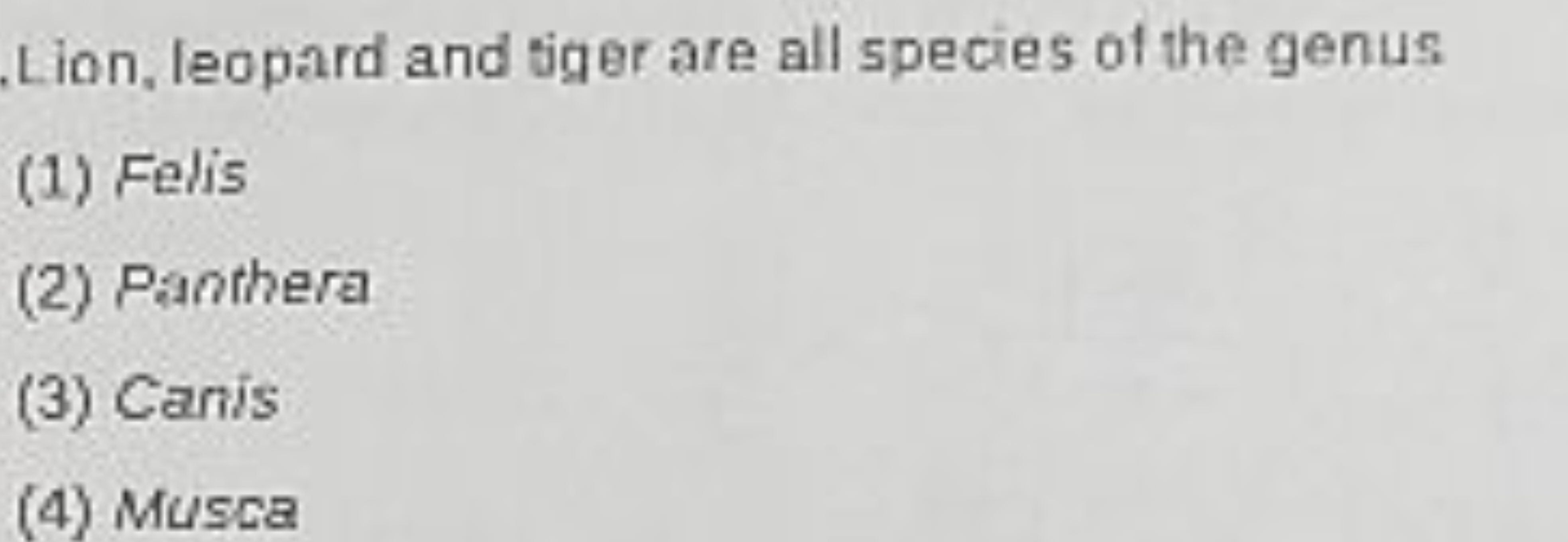 Lion, leopard and tiger are all species of the genus
(1) Felis
(2) Pan