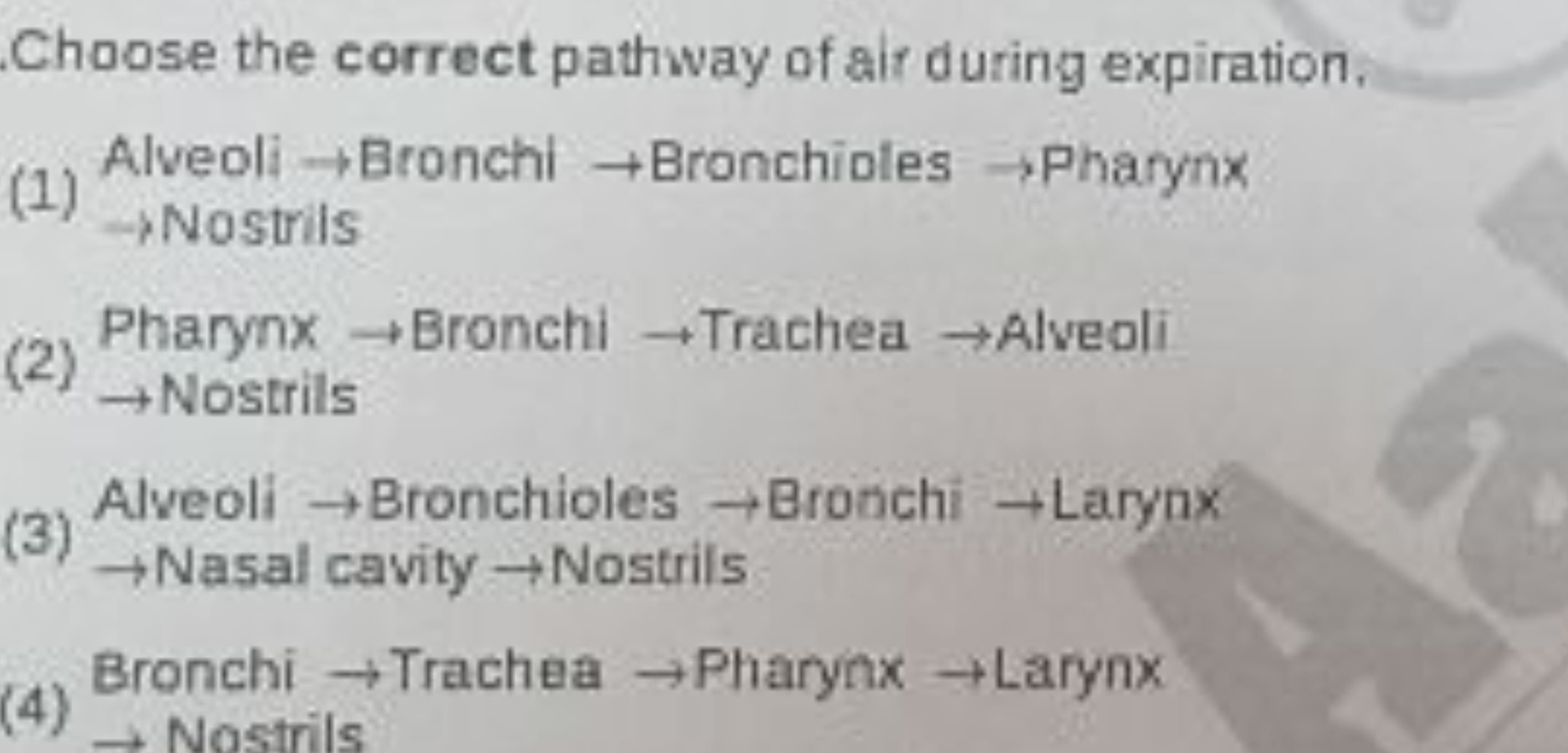 Choose the correct pathway of air during expiration,
(1) Alveoli → Bro