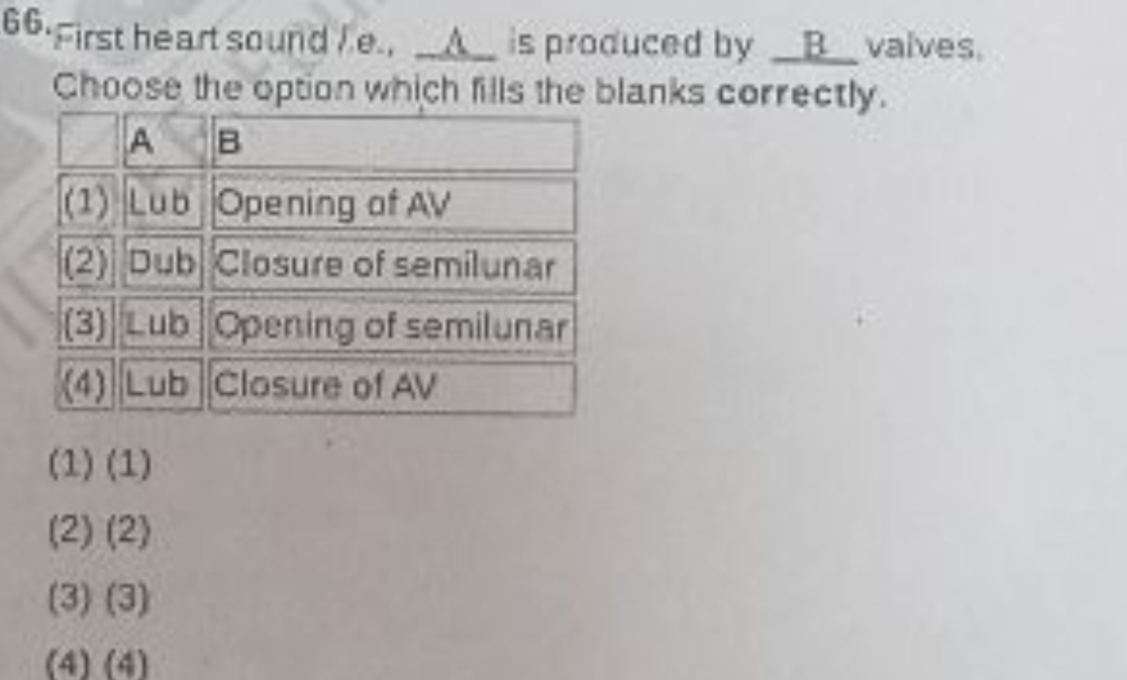 66. First heart sound le.,  A is produced by  B valives. Choose the op