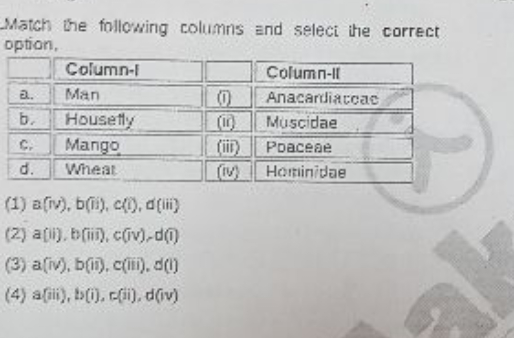 Match the following columns and seleci the correct option,
\begin{tabu