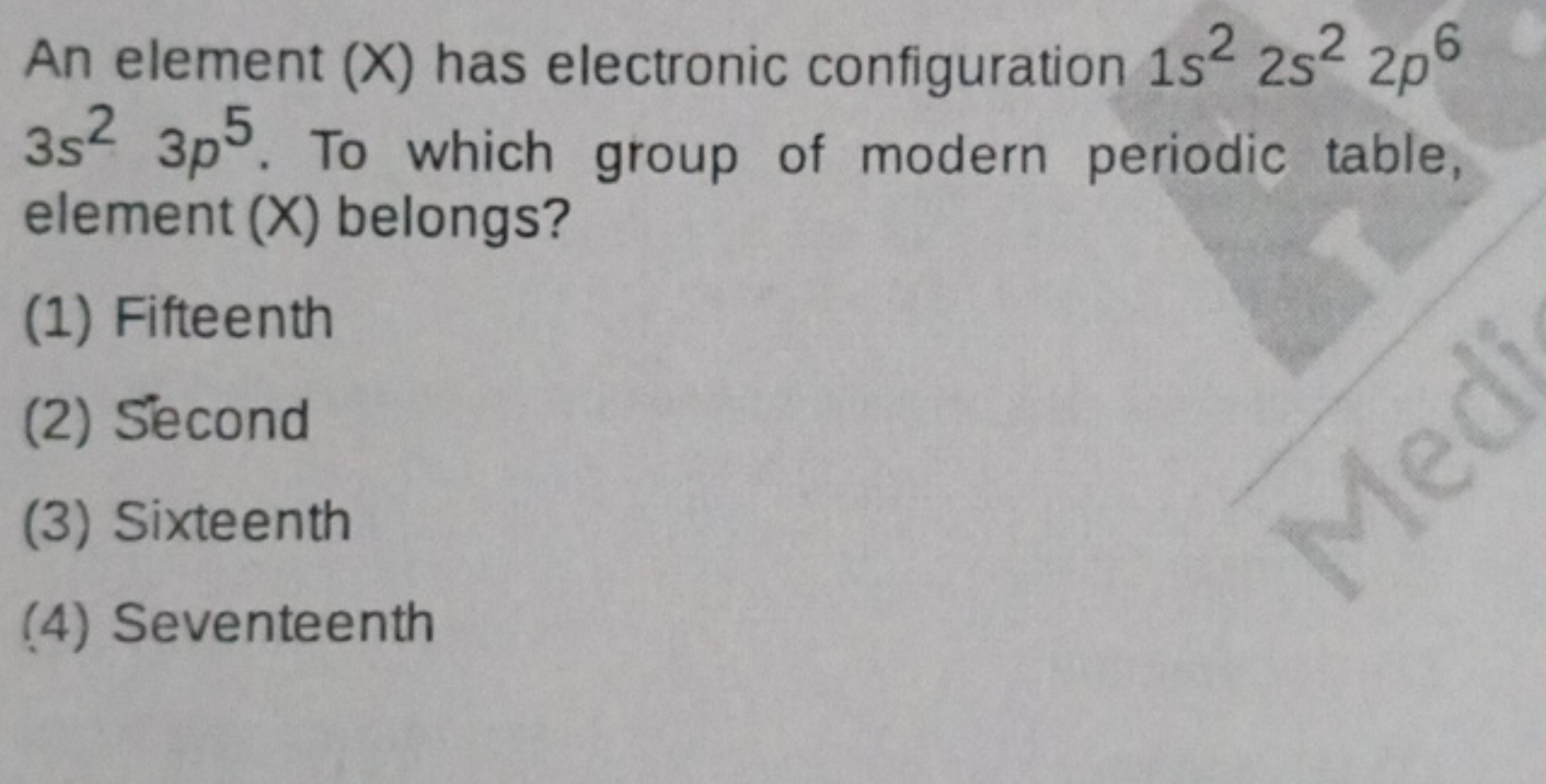 An element (X) has electronic configuration 1s22s22p6 3s23p5. To which