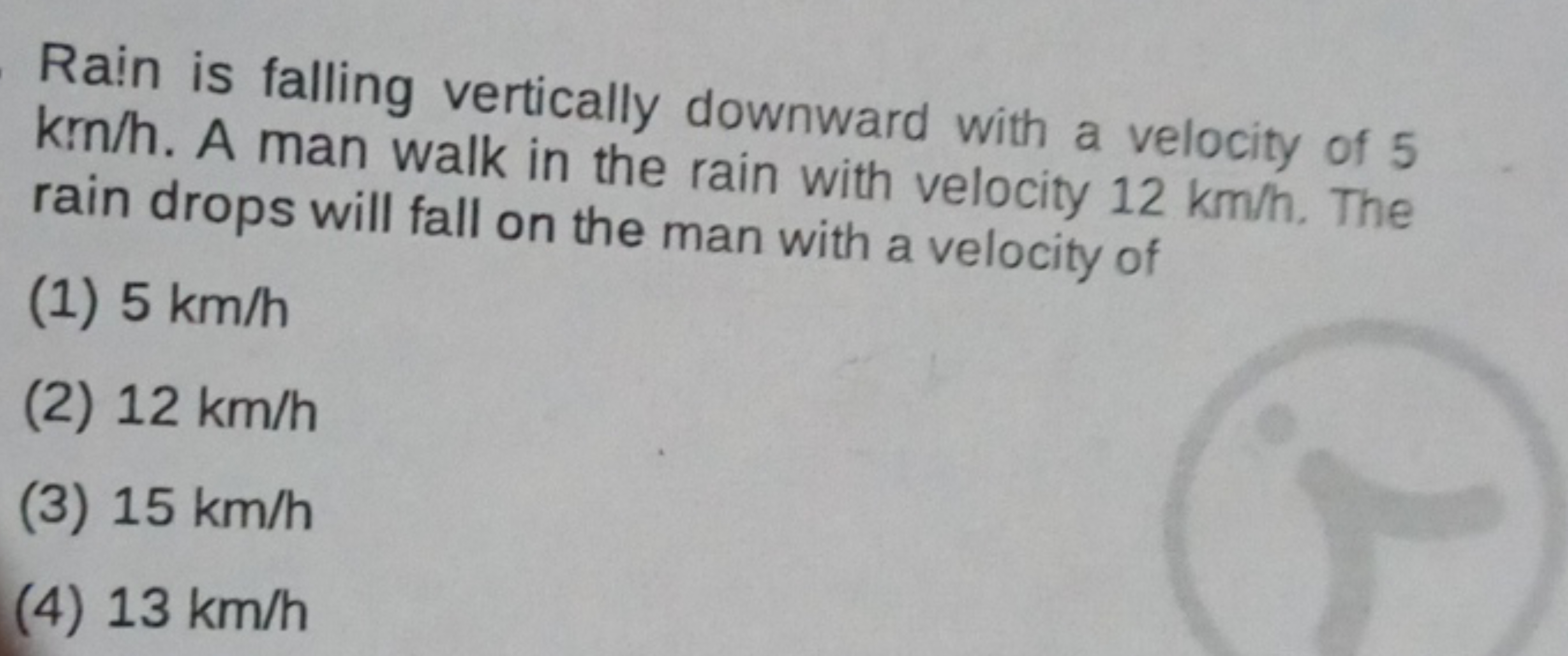 Rain is falling vertically downward with a velocity of 5 krn/h. A man 