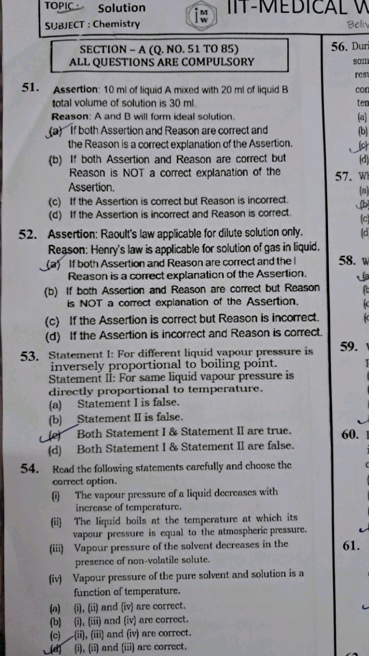 TOPIC Solution
SUBJECT : Chemistry
SECTION - A (Q. NO. 51 TO 85)
ALL Q