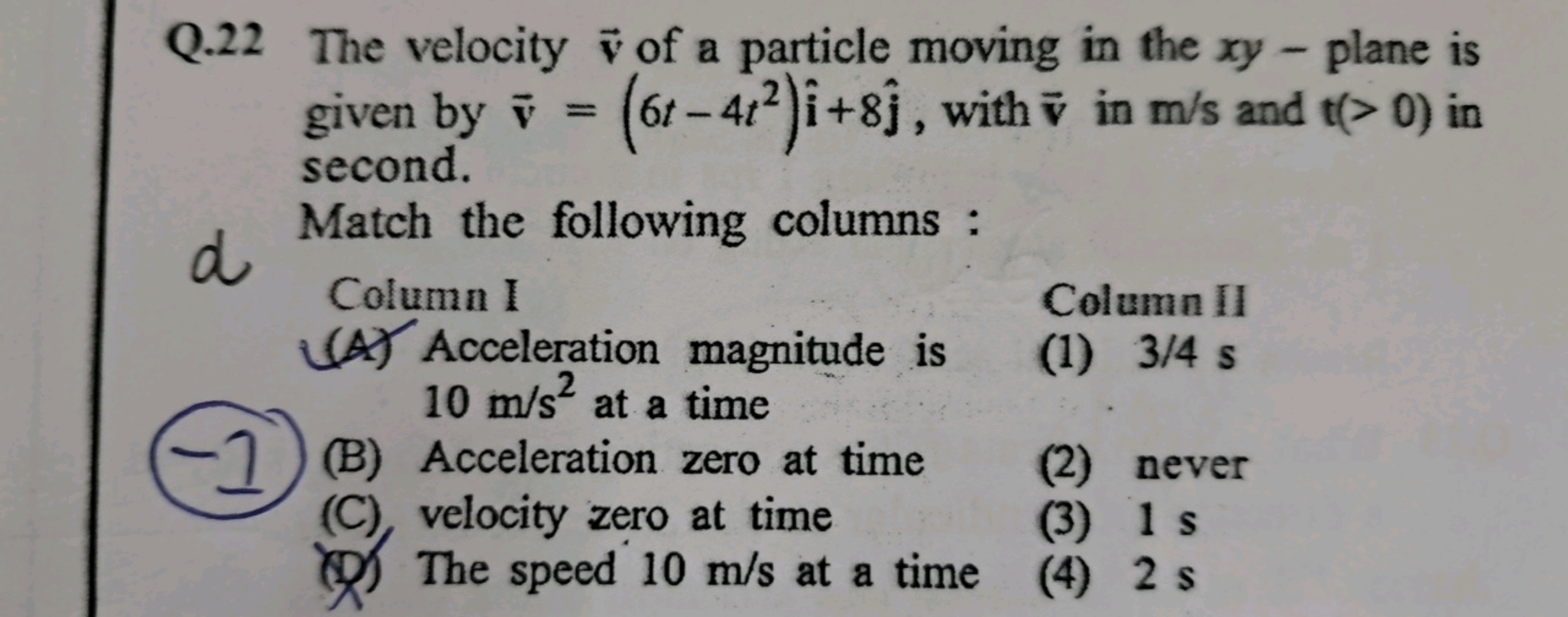 Q.22 The velocity of a particle moving in the xy - plane is
given by v